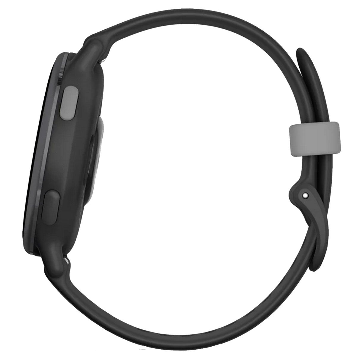 Un reloj inteligente negro con correa gris.