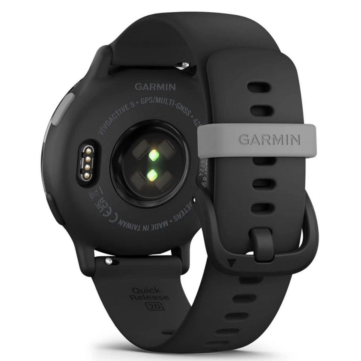 Smartwatch Garmin negra, vista trasera. Muestra el sensor de frecuencia cardíaca y la correa.