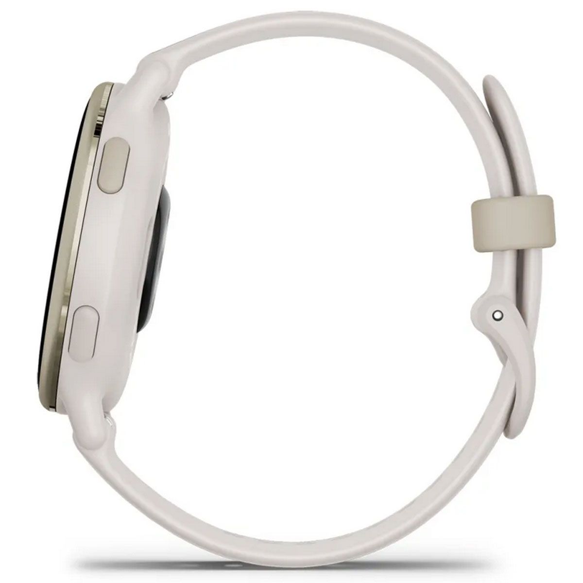 Un smartwatch blanco con correa blanca, vista lateral.