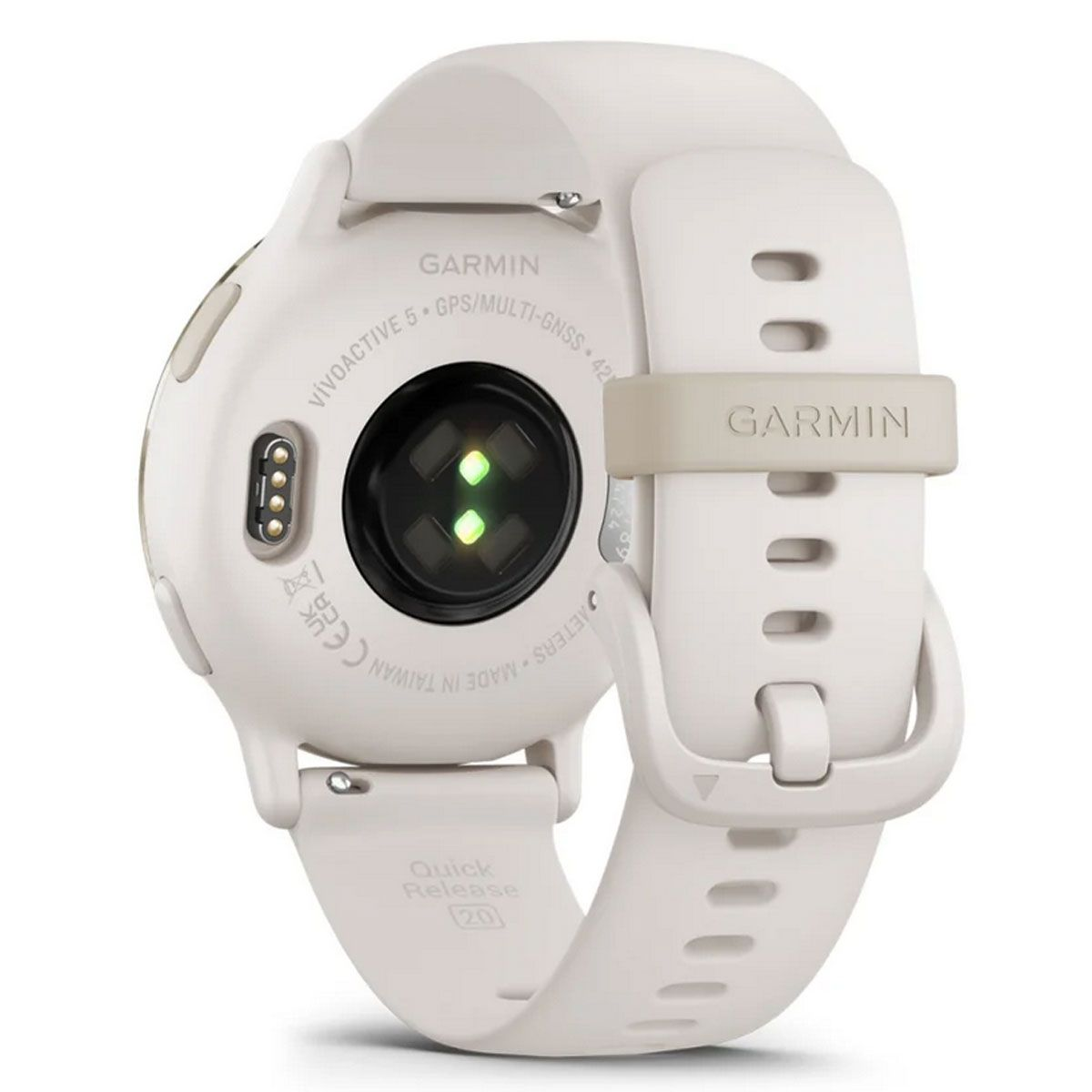Smartwatch Garmin blanca, vista trasera, mostrando sensores y correa, sobre fondo blanco.