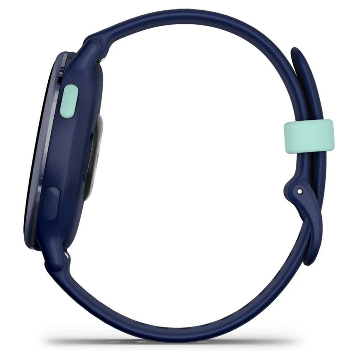 Vista lateral de un smartwatch azul con correa azul y botón verde menta.