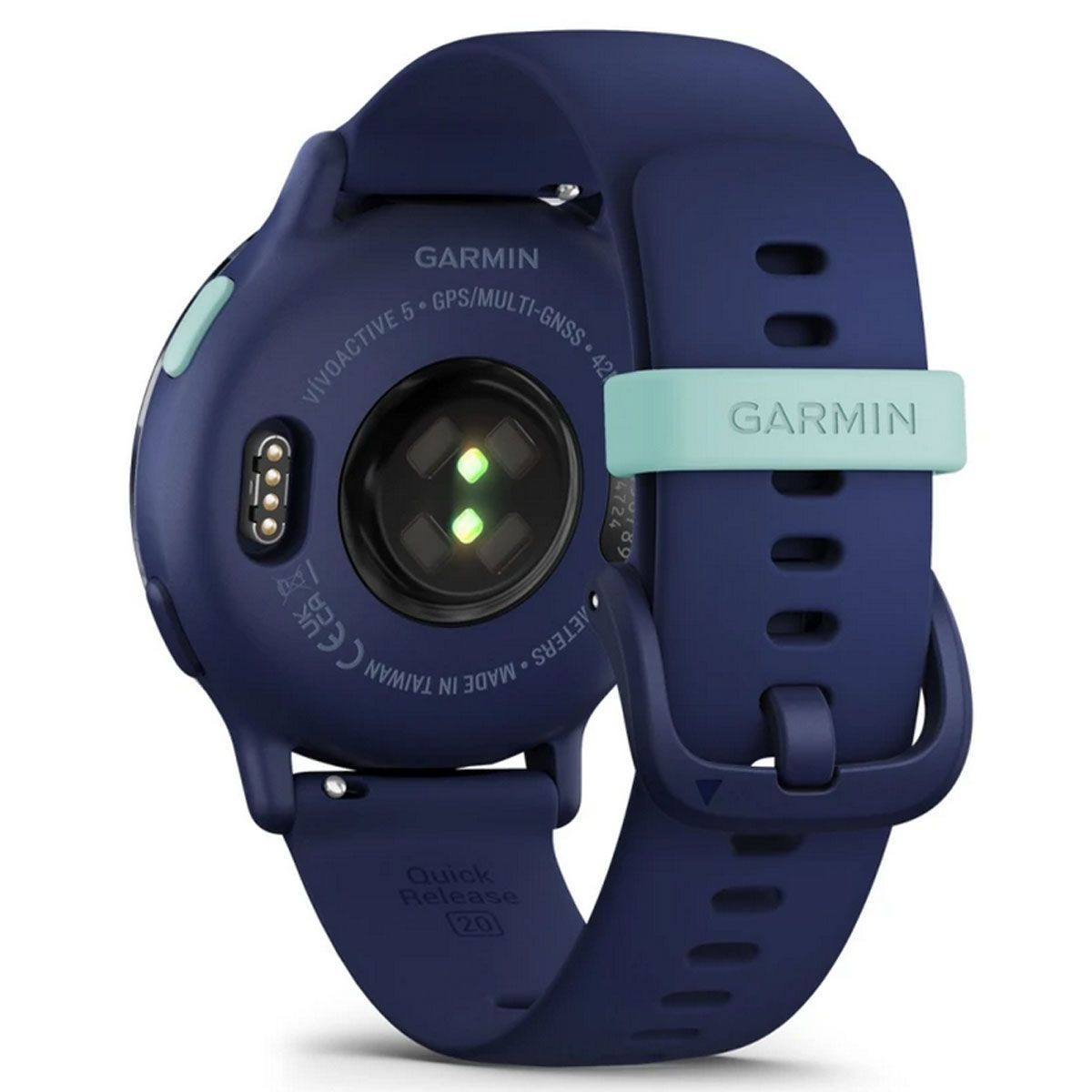 Un smartwatch Garmin azul oscuro, vista trasera, con correa azul y sensor de frecuencia cardíaca verde.