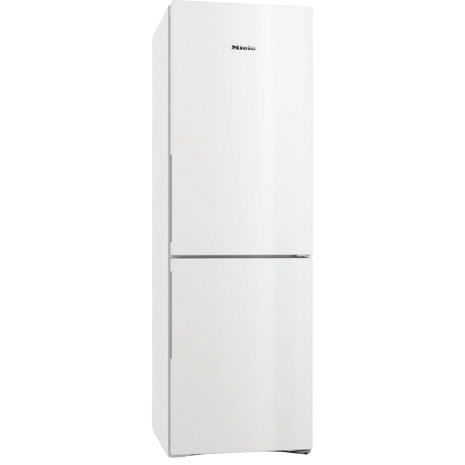 Réfrigérateur Miele blanc. Design à deux portes, partie supérieure plus étroite. Logo Miele visible.