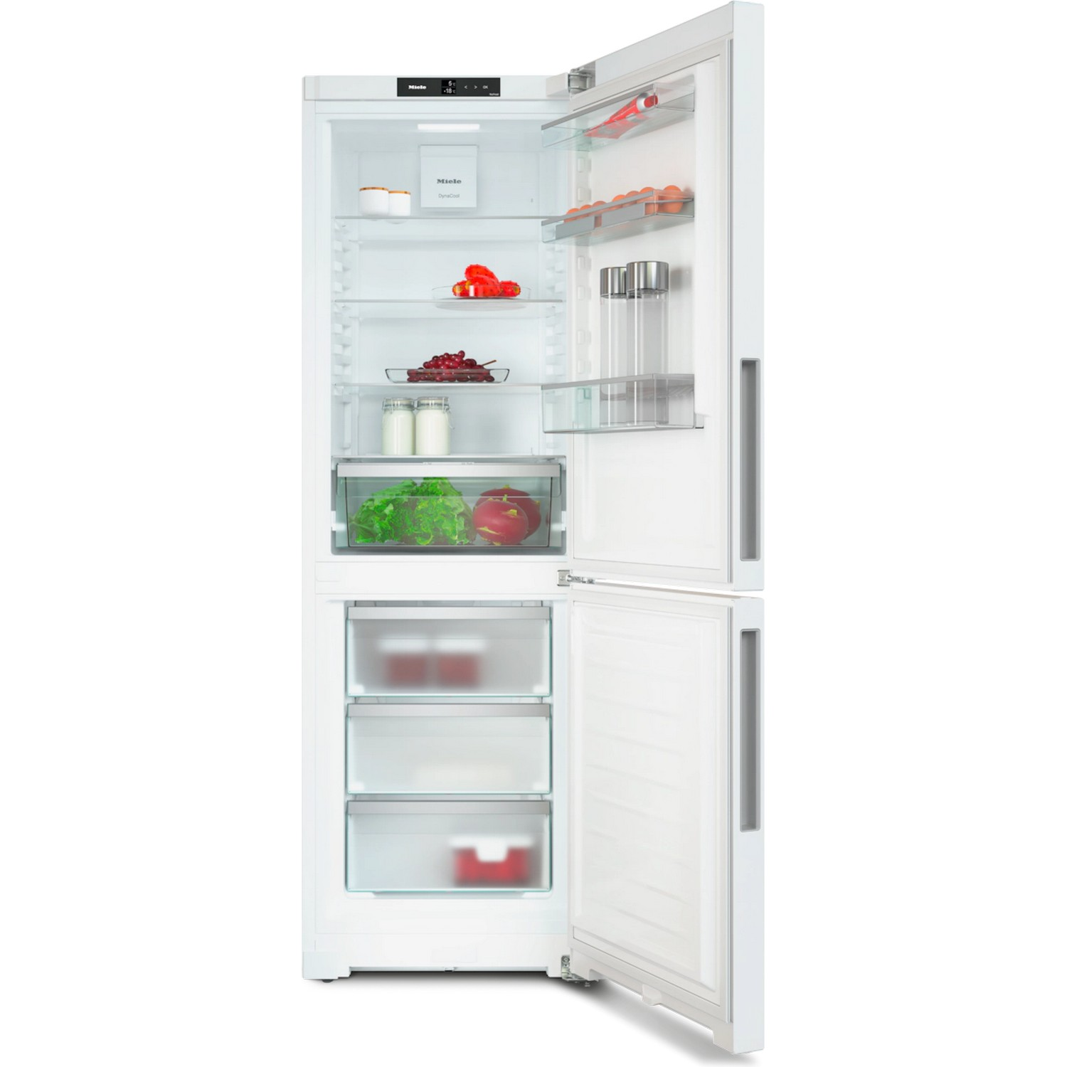 Réfrigérateur blanc avec la porte ouverte, montrant des étagères avec des aliments.