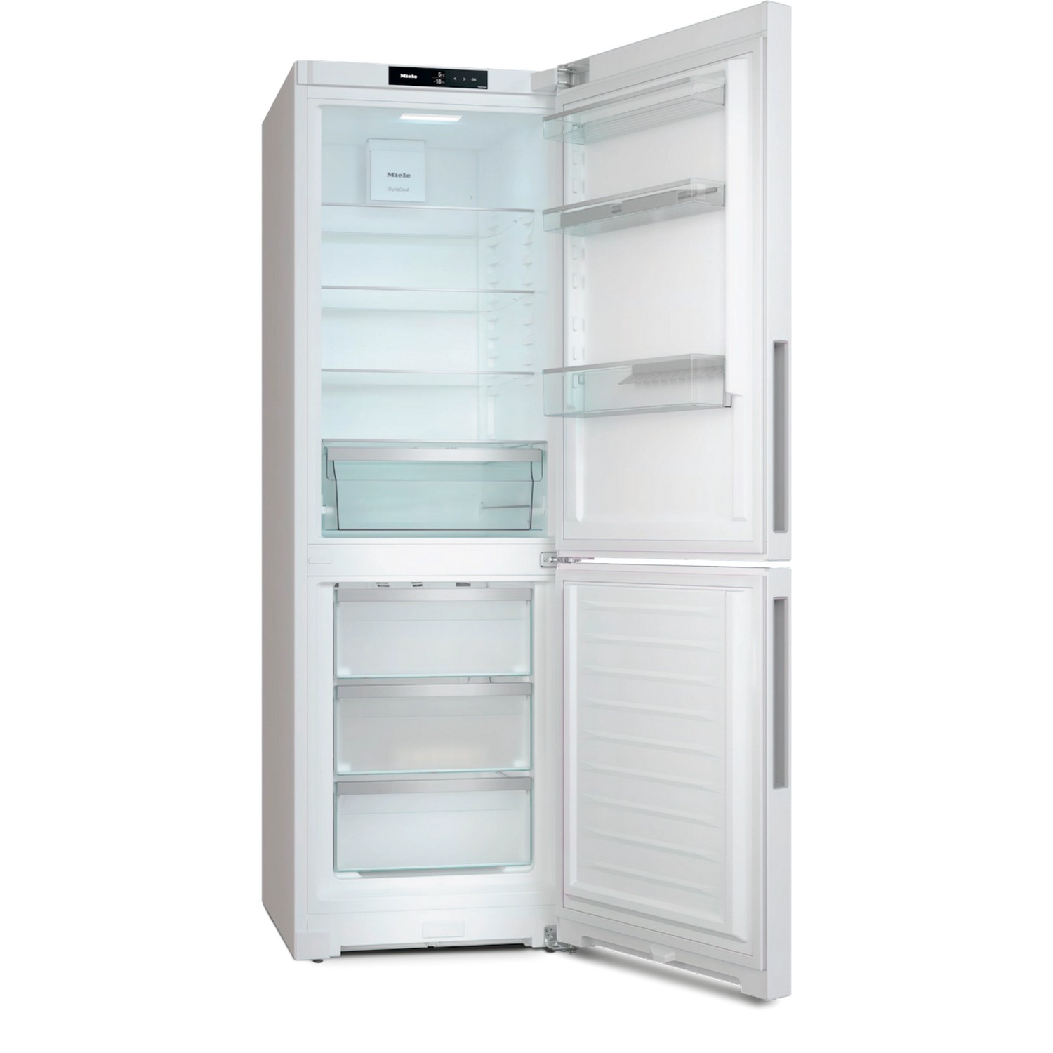 Réfrigérateur Miele blanc, portes ouvertes. L'intérieur montre étagères, tiroirs et une petite lumière.