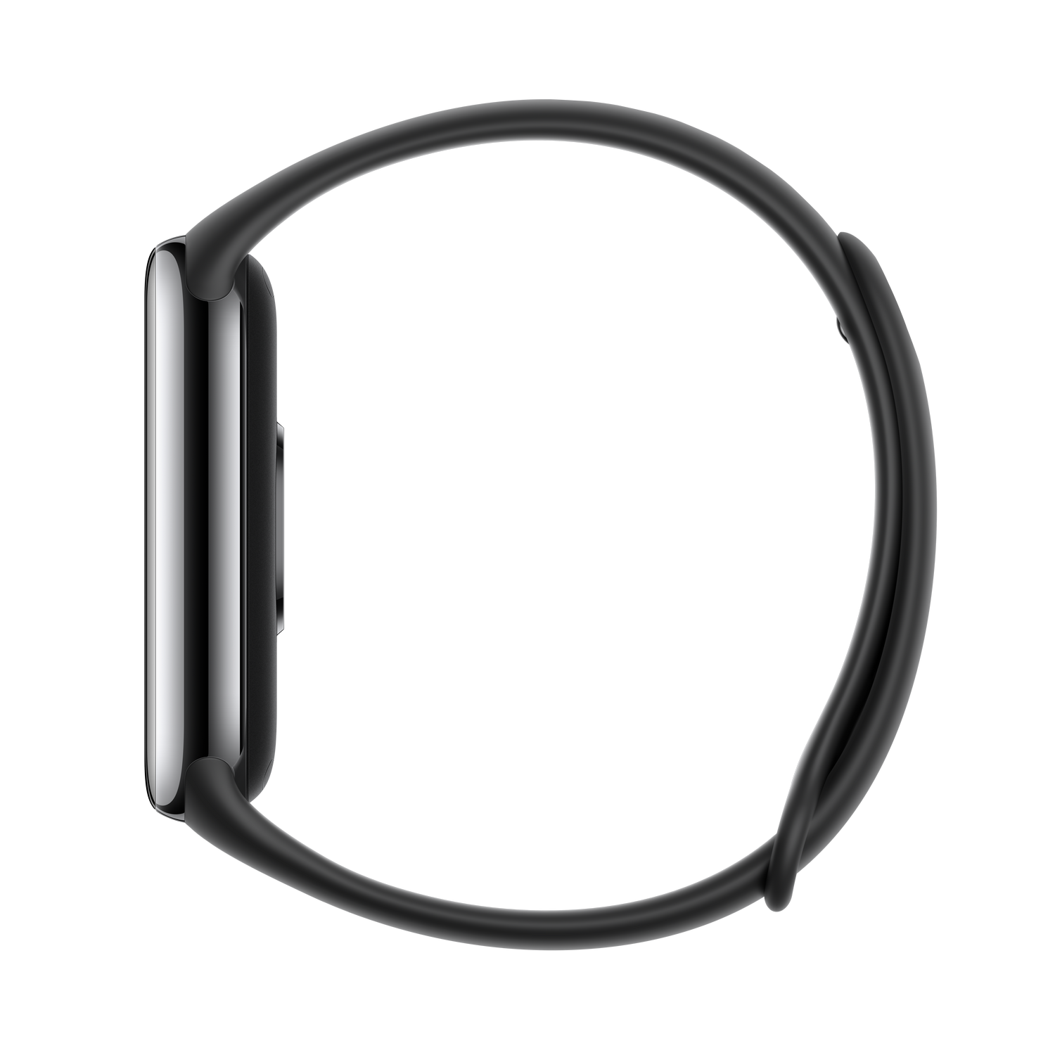 Vista lateral del smartwatch negro. El reloj está sobre un fondo negro. Una correa negra está sujeta.