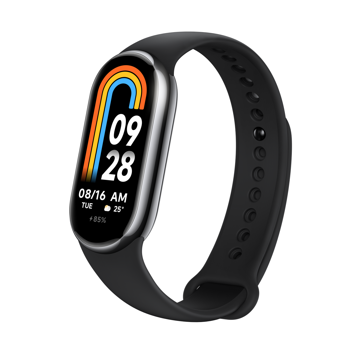 Smartwatch negra con pantalla colorida. Correa negra. Vista en ángulo.