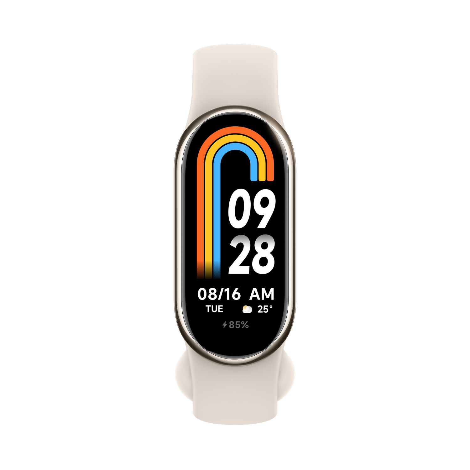 Un reloj inteligente con una correa blanca. La pantalla muestra hora, fecha, batería y ritmo cardíaco.