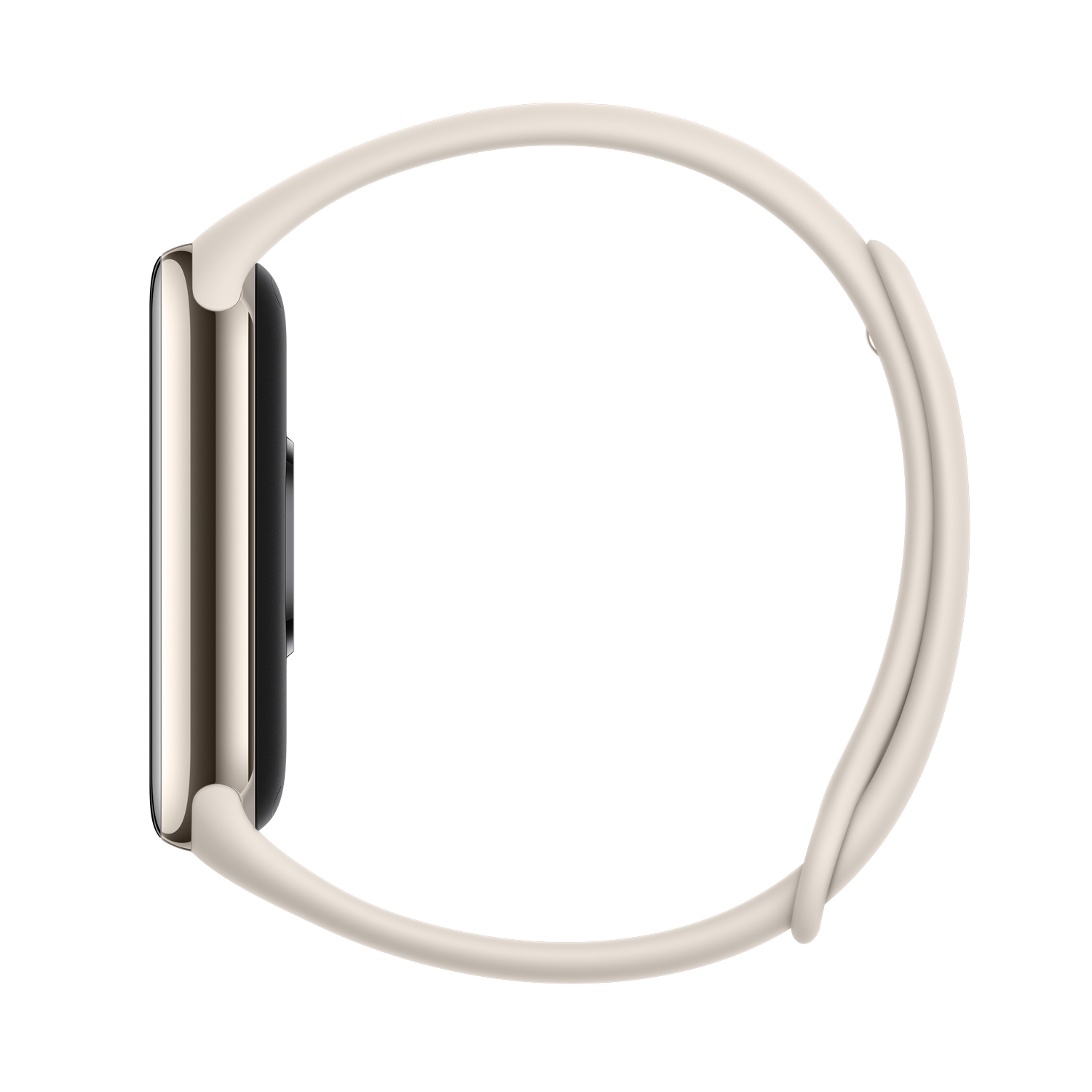 Vista lateral de un Apple Watch blanquecino con correa a juego, sobre fondo negro.