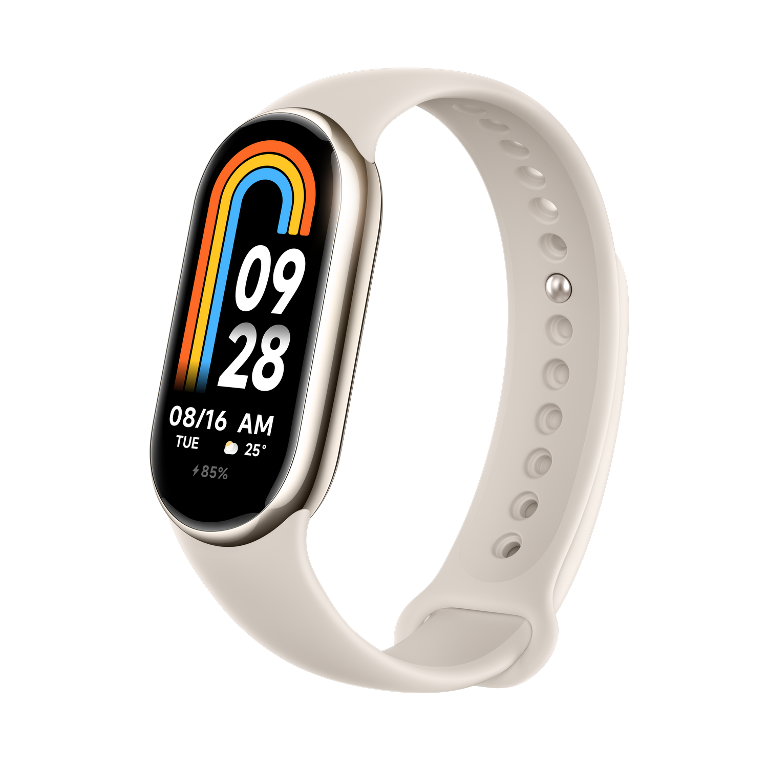 Smartwatch con correa color crema, sobre fondo negro.