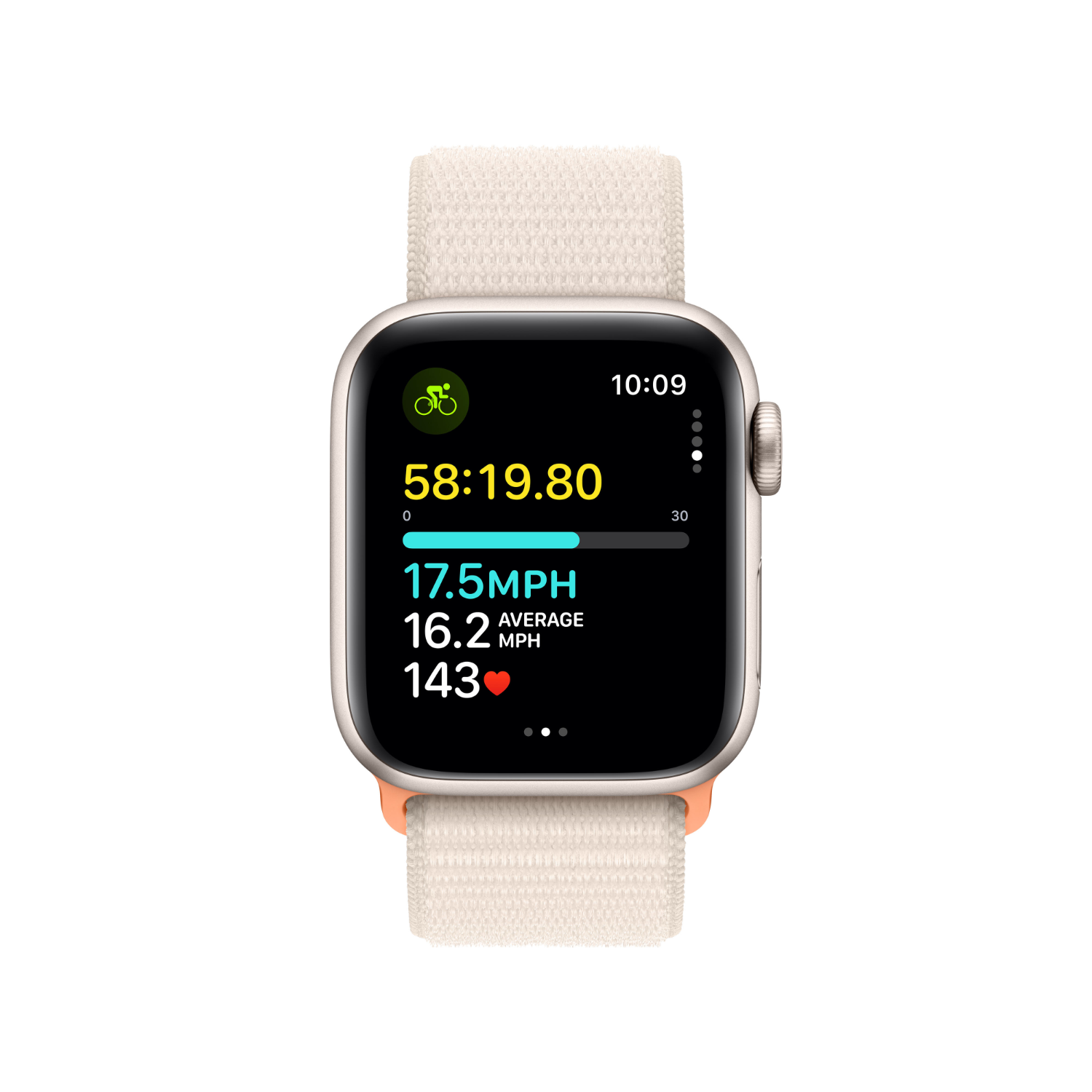 Een Apple Watch geeft work-out statistieken weer: tijd, snelheid, gemiddelde snelheid en hartslag.