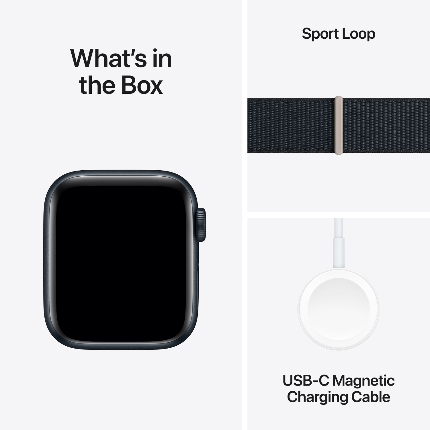 Apple Watch-doos met horloge, sportlusbandje en oplaadkabel.