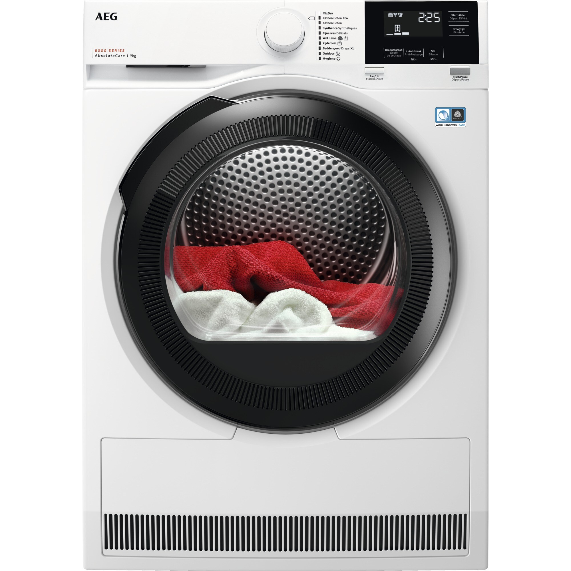 Sèche-linge AEG blanc avec porte noire, vêtements rouges et blancs à l'intérieur.