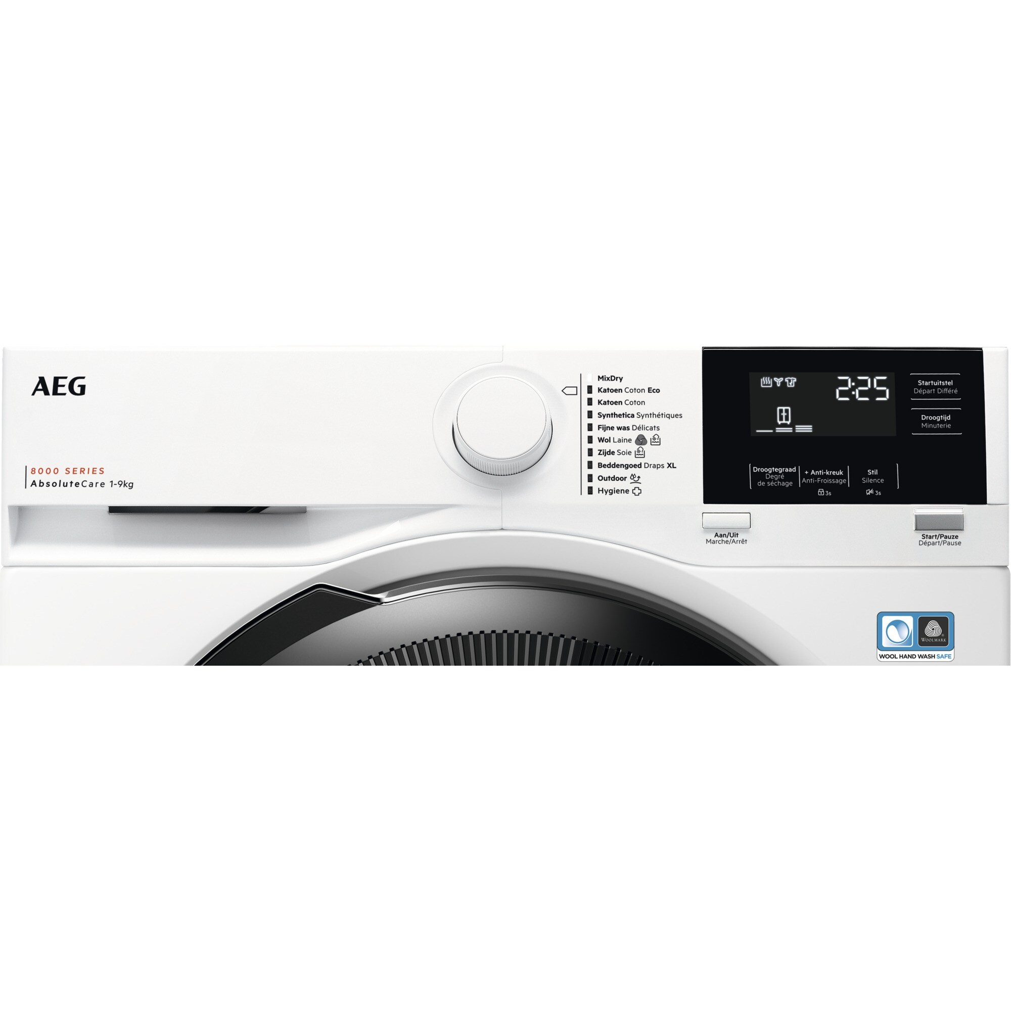 Lave-linge blanc avec affichage numérique. Comprend divers réglages de lavage. Porte noire au design incurvé.
