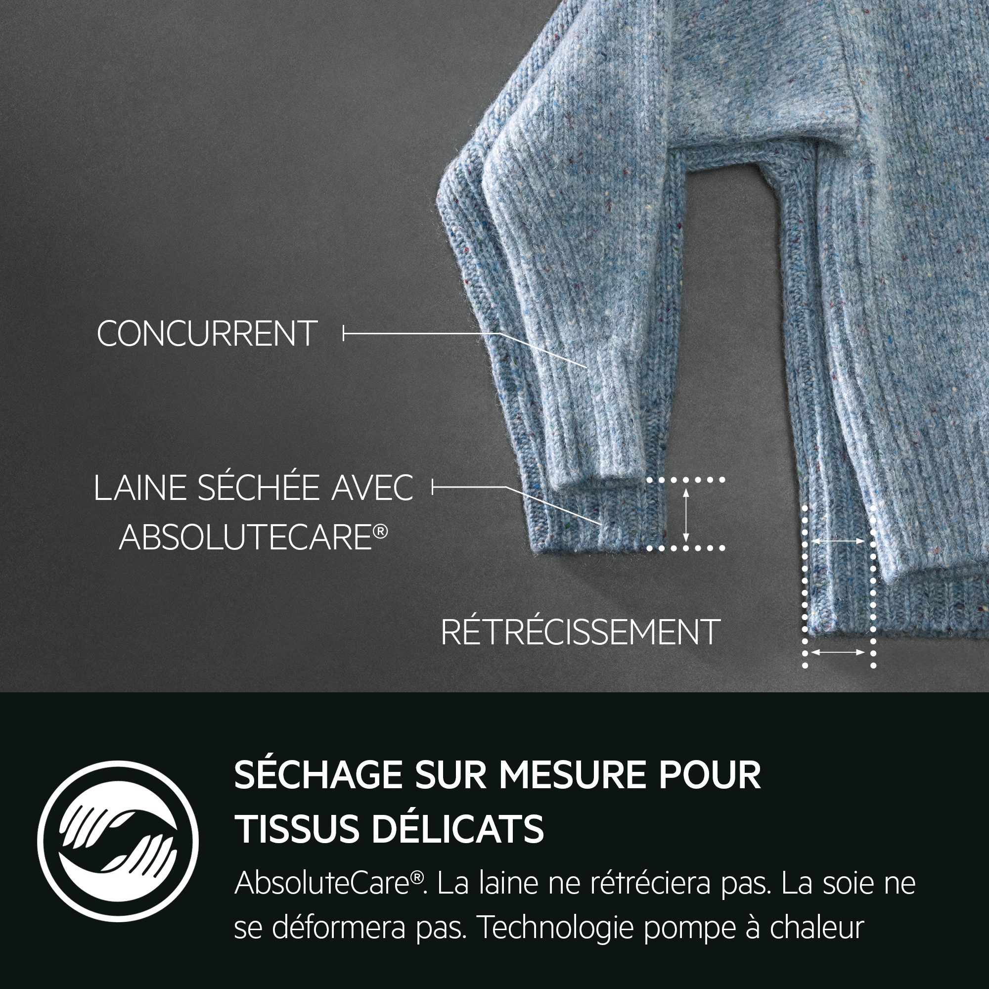 Gros plan sur un pull bleu avec des étiquettes de texte et un graphique indiquant un rétrécissement minimal au séchage.