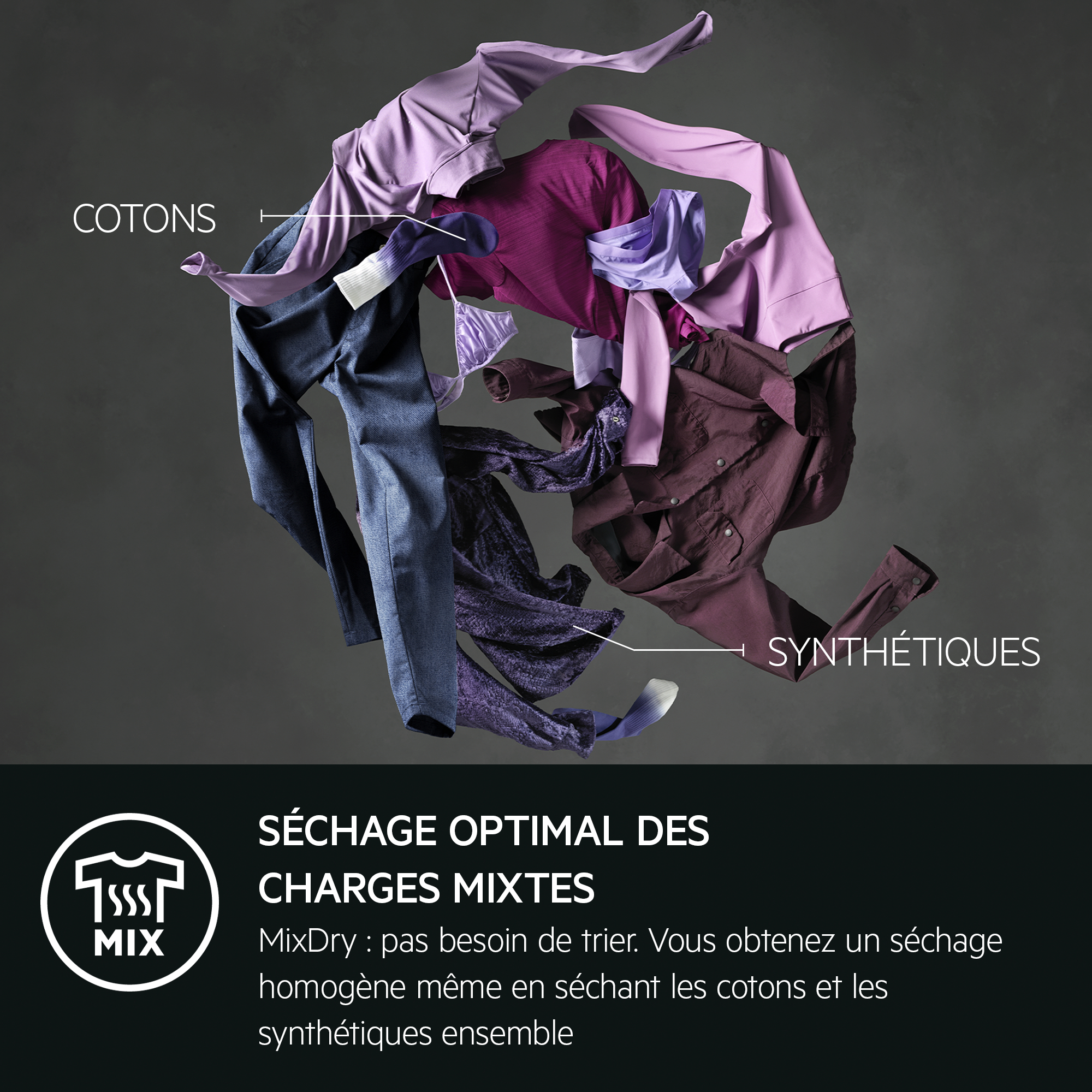 Vêtements dans un sèche-linge avec des étiquettes de texte.