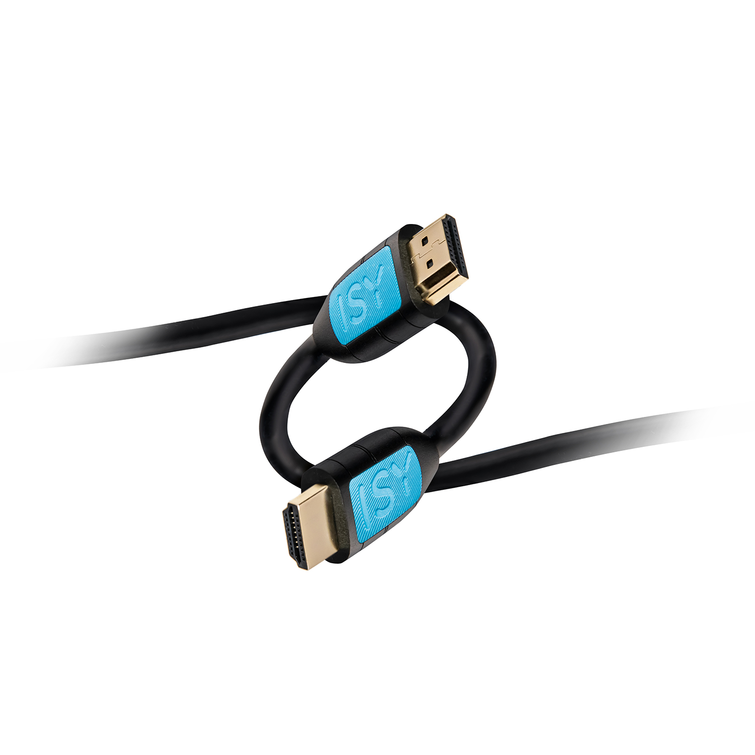 Cavi HDMI neri collegati, che mostrano connettori dorati con il logo ISY su sfondo bianco.