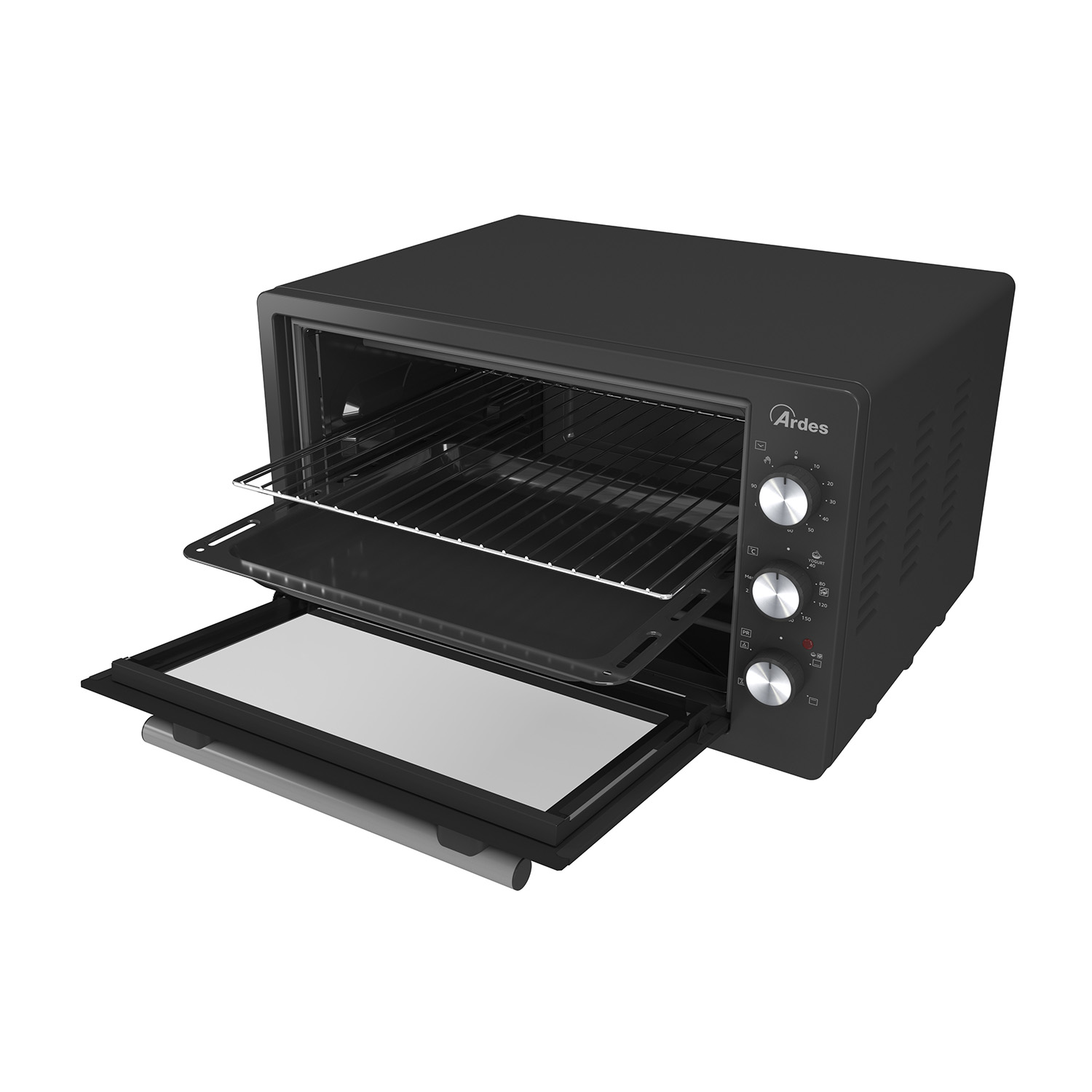 Forno nero con maniglia argentata, aperto, mostra l'interno.