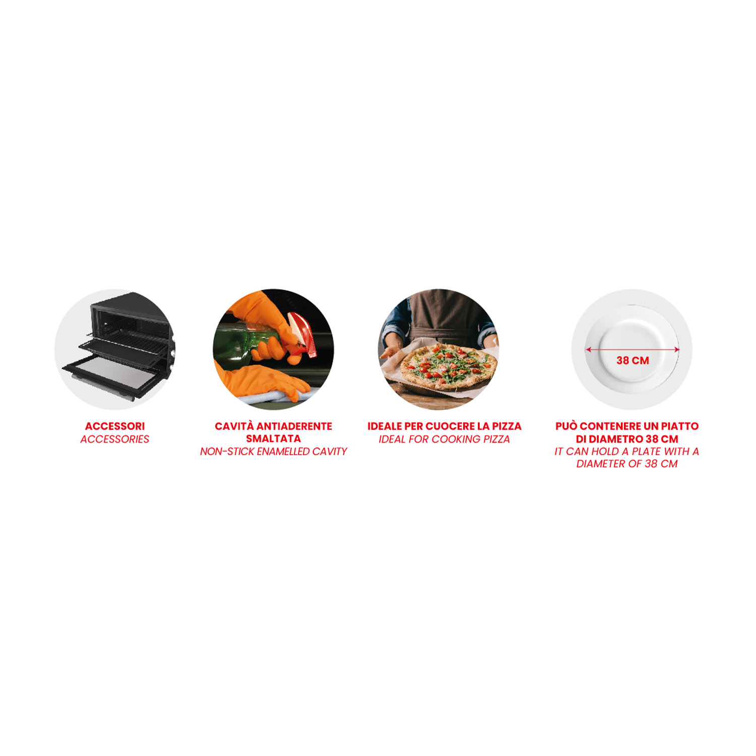 Quattro icone con testo: accessori, cavità antiaderente, ideale per cucinare la pizza e un piatto con diametro di 38 cm.