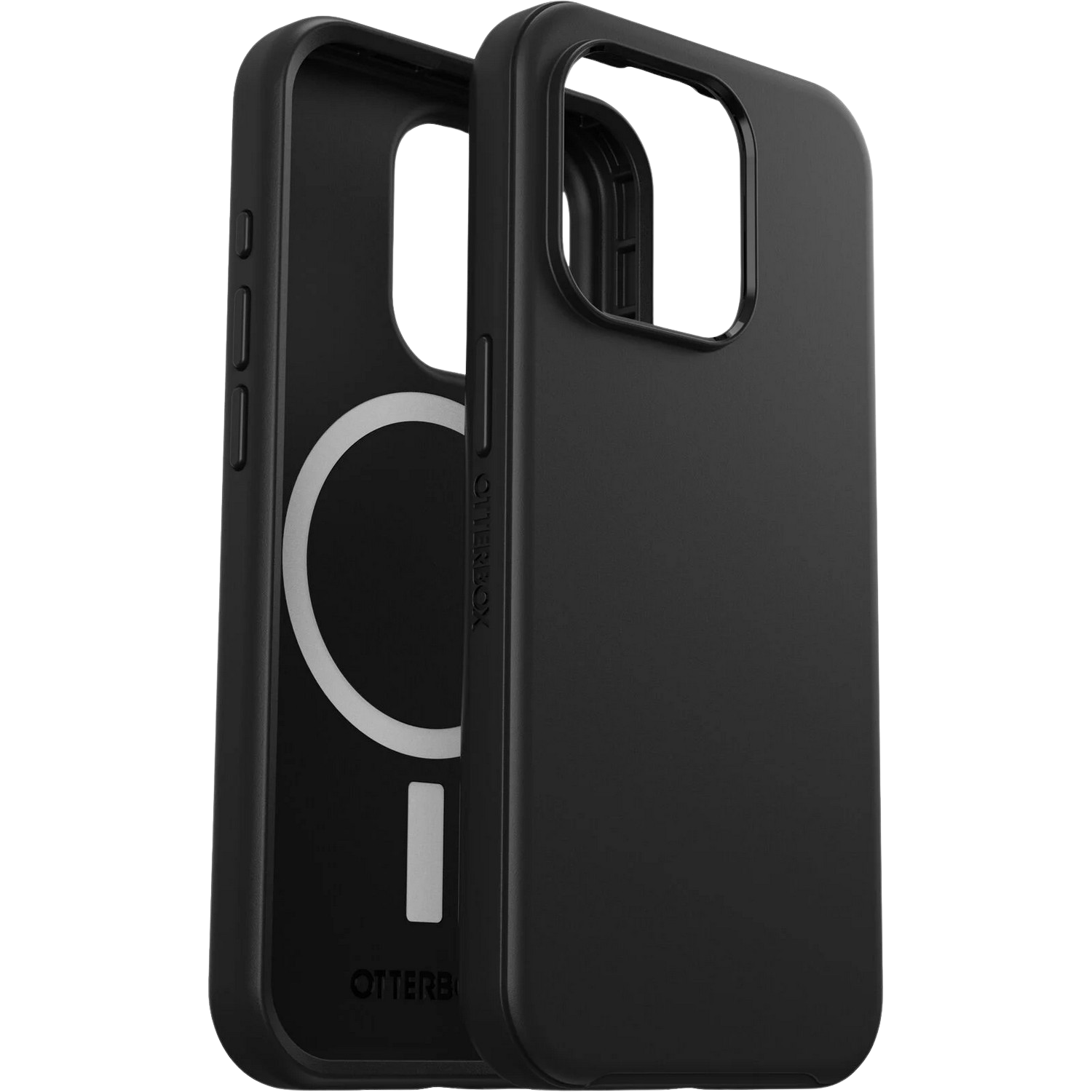 Zwarte Otterbox iPhone case, tweedelig, met MagSafe ring en logo.