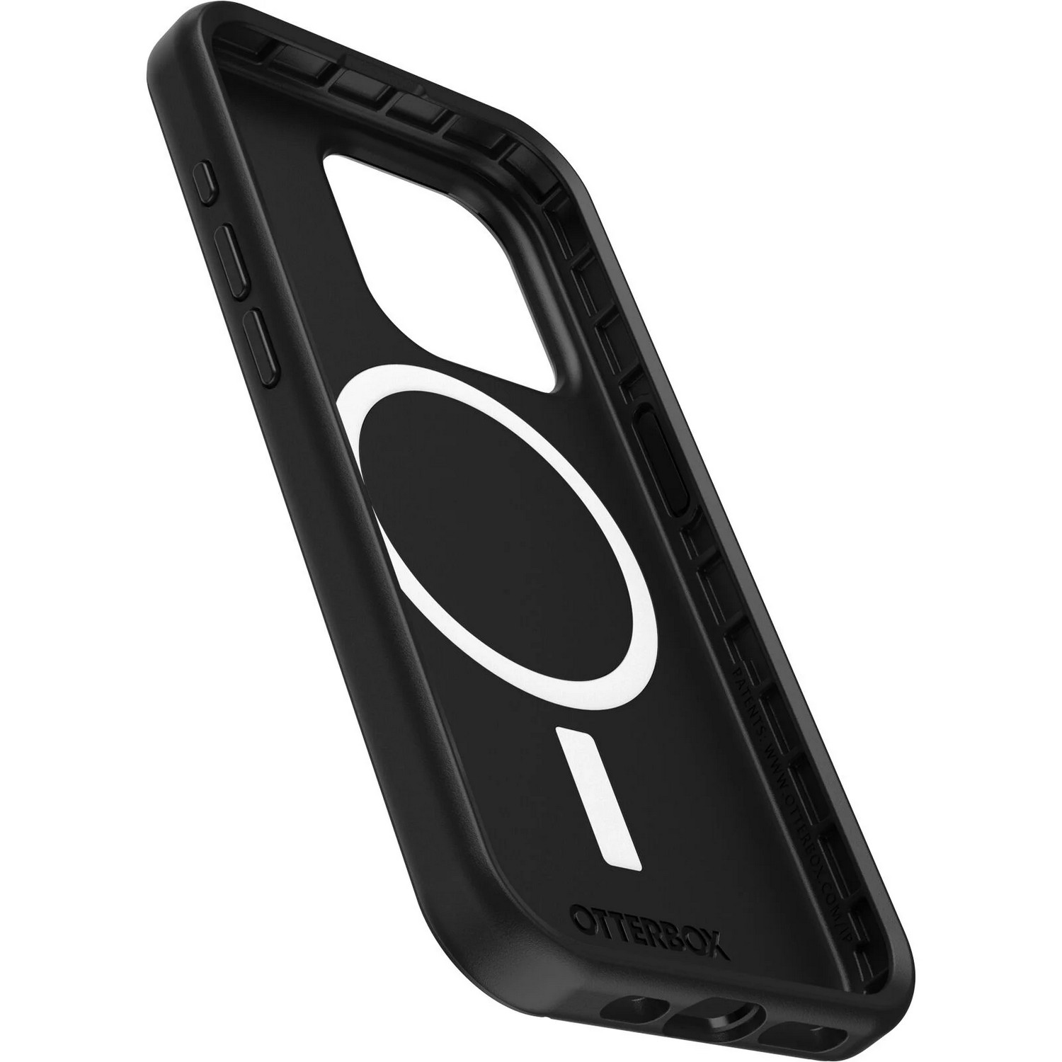 Zwarte telefoonhoes binnenkant met een witte cirkel en een minteken.