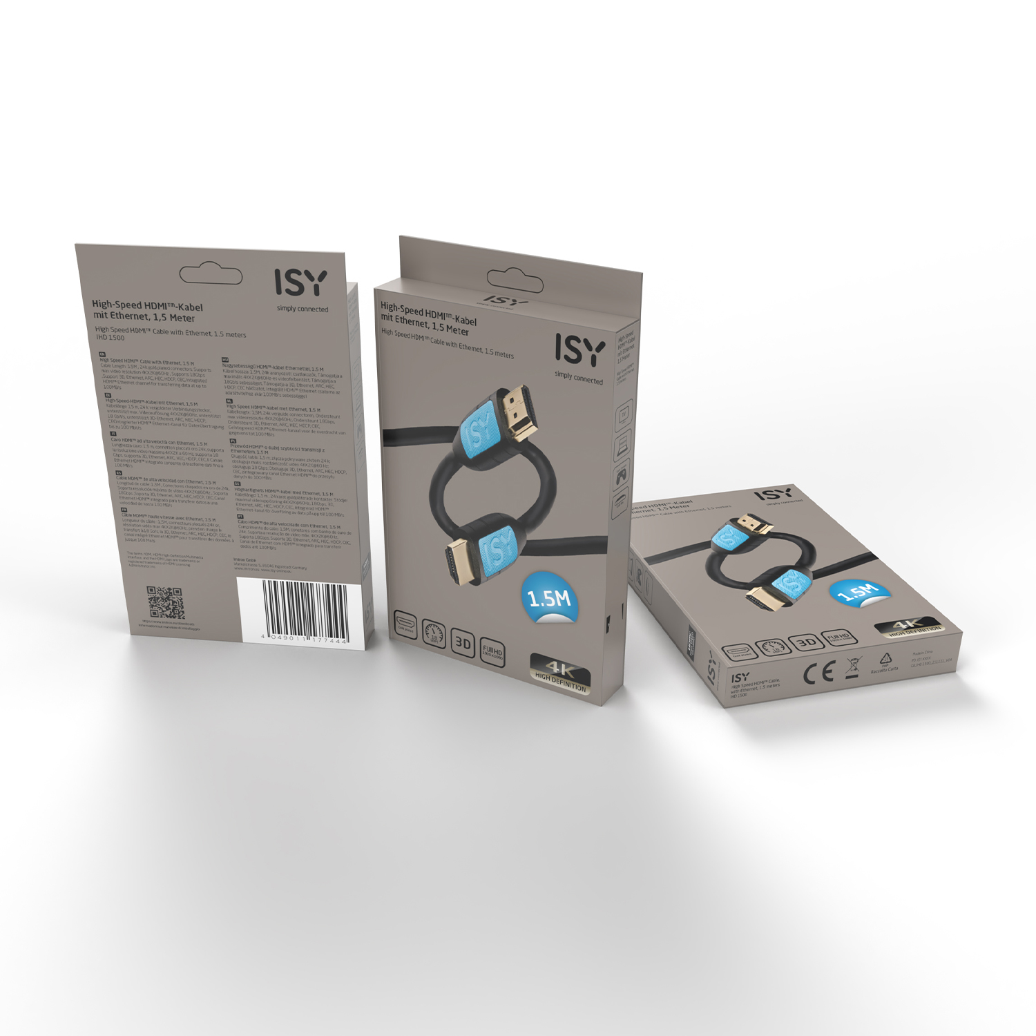 Cavi HDMI in scatole. Le scatole sono grigie e nere con informazioni sul prodotto e loghi.
