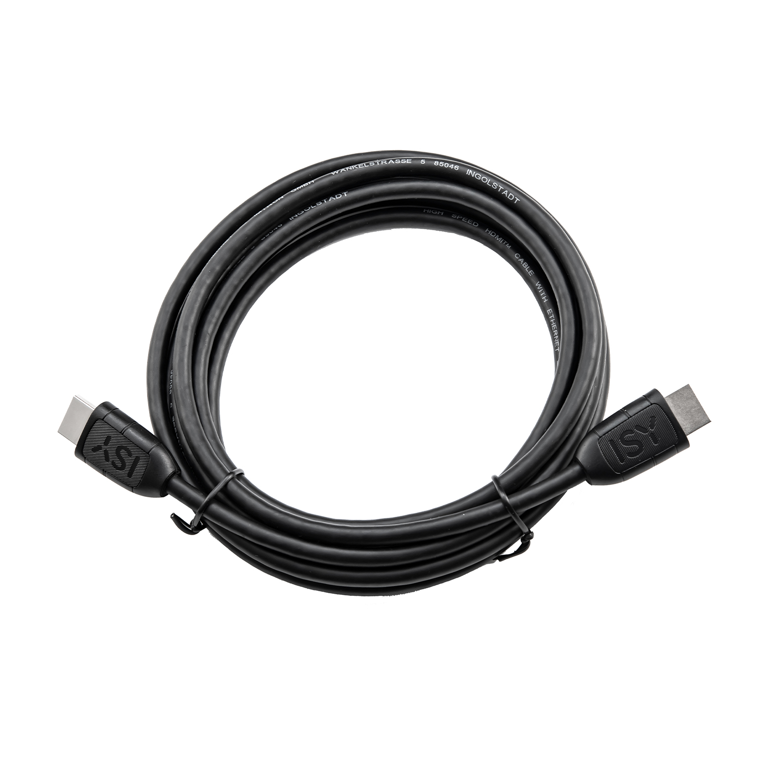 Cavo HDMI nero con connettori a ciascuna estremità. Il cavo è arrotolato e lo sfondo è bianco.