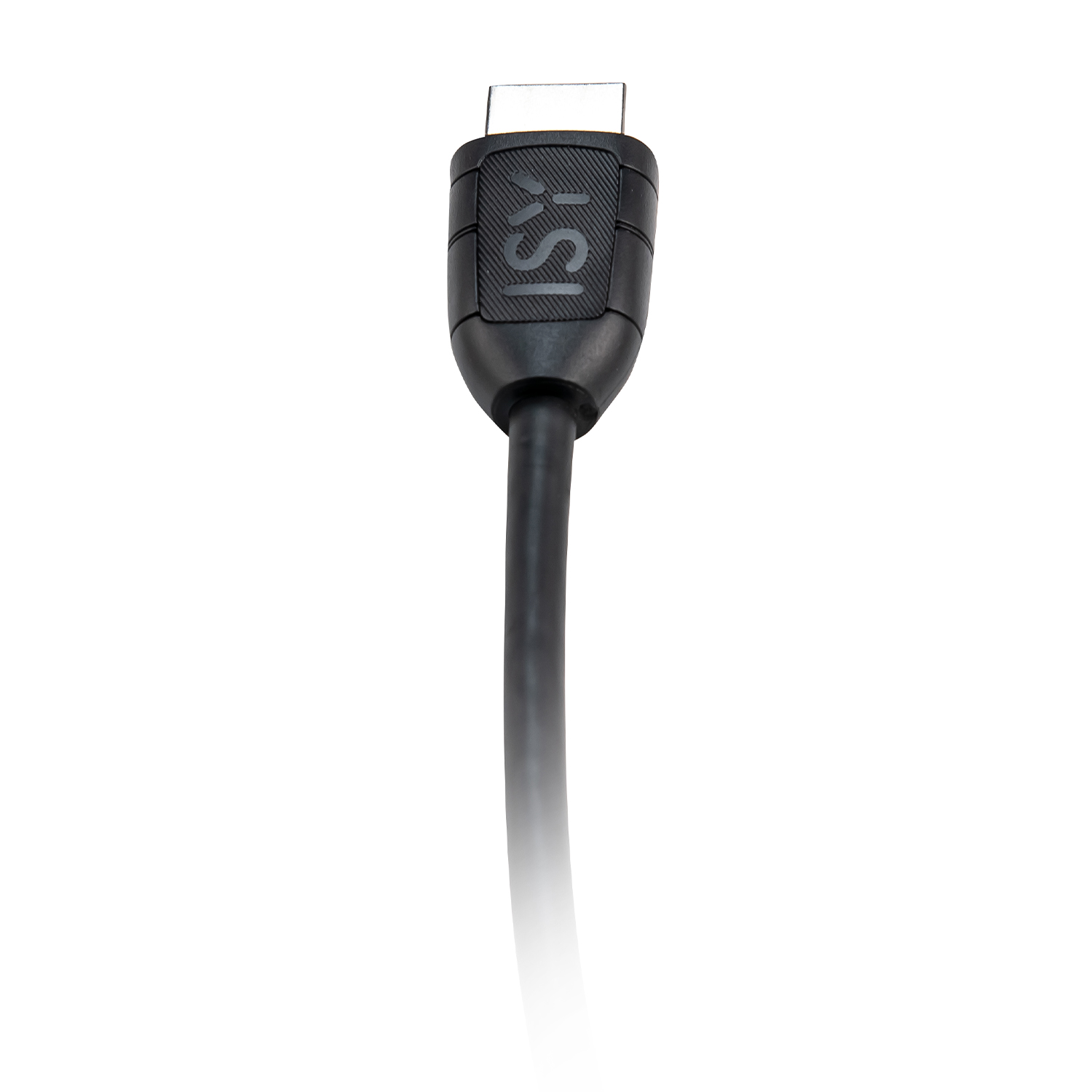 Cavo HDMI nero con connettore su sfondo bianco.