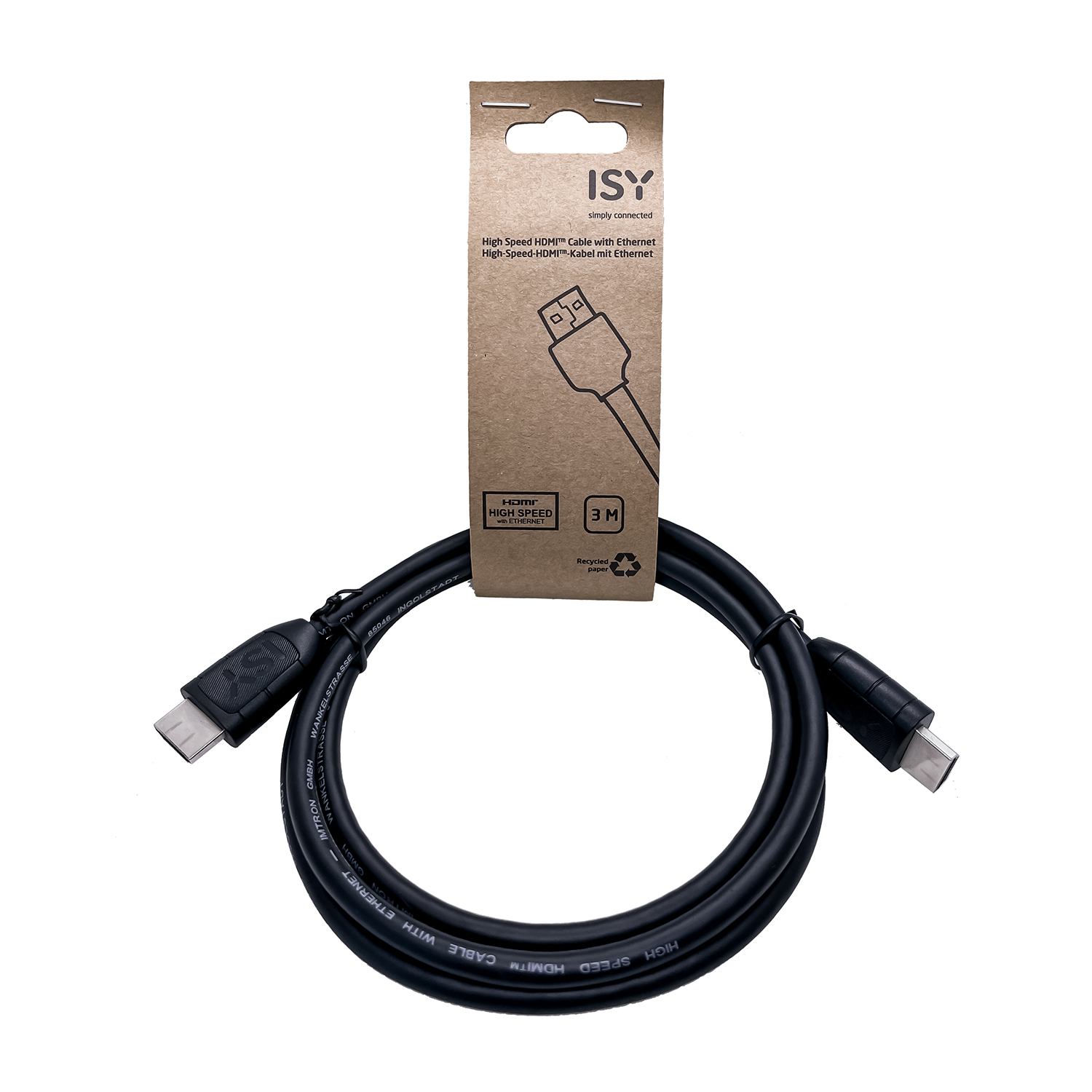 Cavo HDMI nero con connettori e confezione in cartone marrone. Il cavo è arrotolato su una superficie bianca.