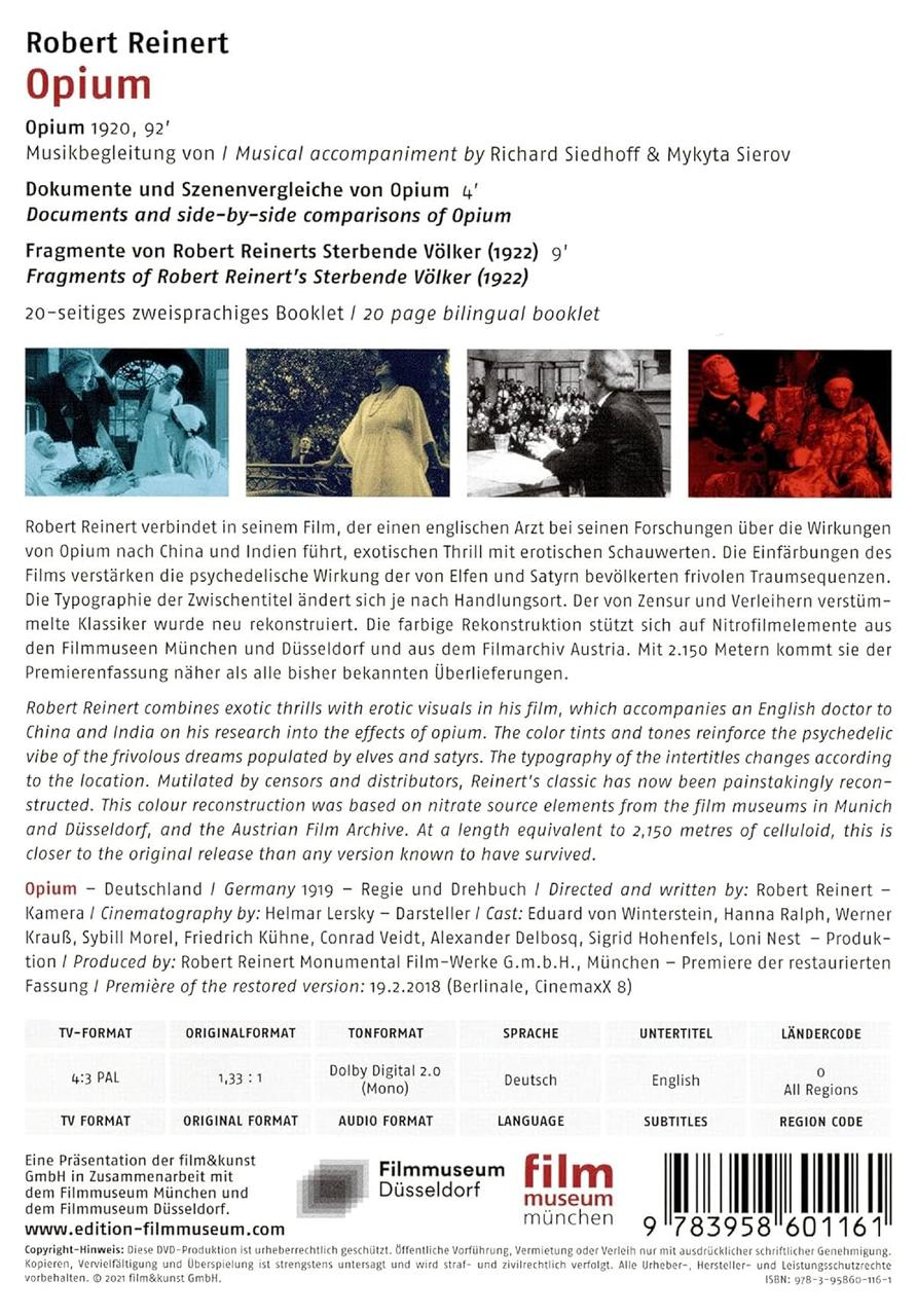 Buchcover für 'Opium', mit Text auf Deutsch und Bildern des Films und des Regisseurs.