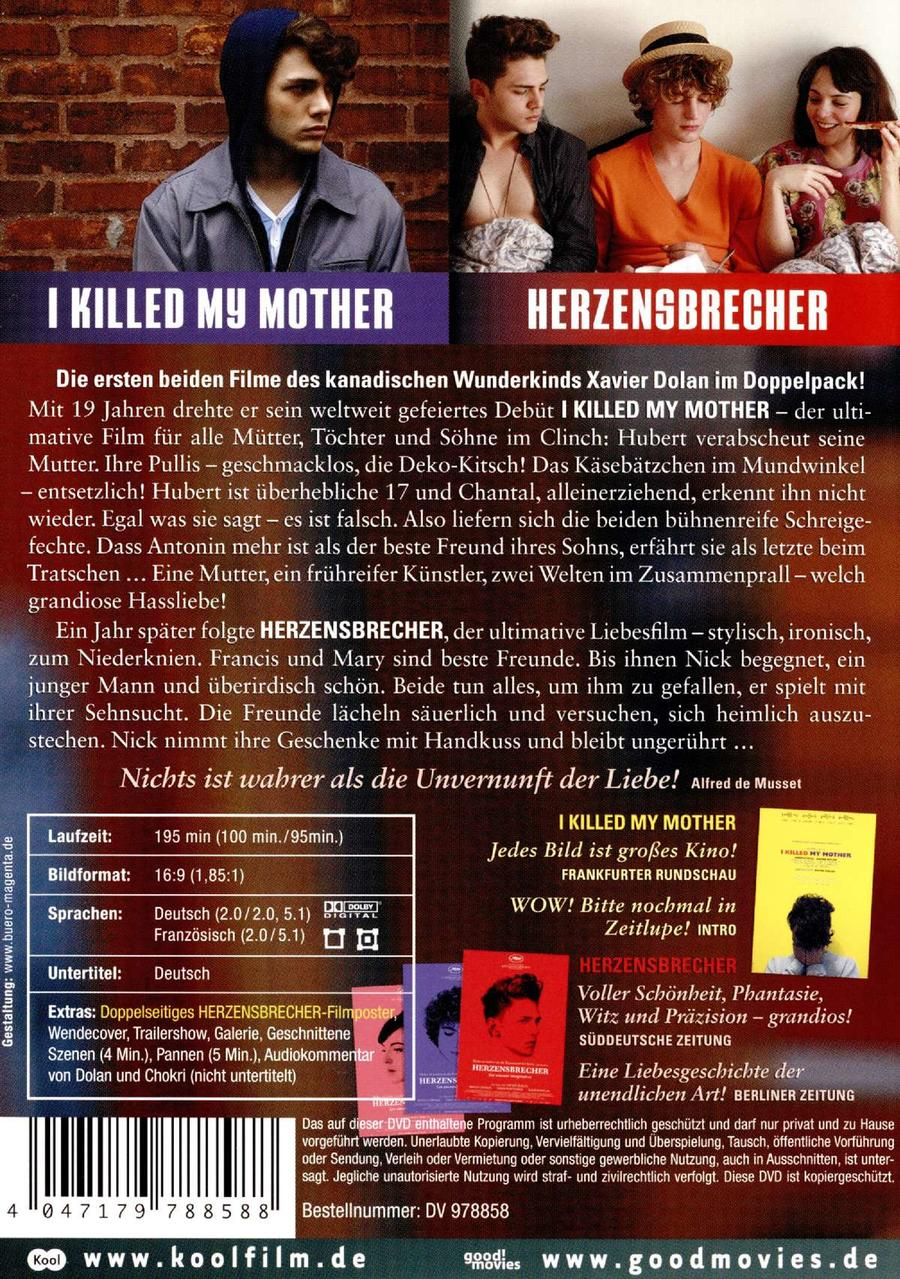 DVD-Cover mit deutschem Text. Zwei Männer werden dargestellt. Das Cover ist für die Filme 'I Killed My Mother' und 'Herzensbrecher'.