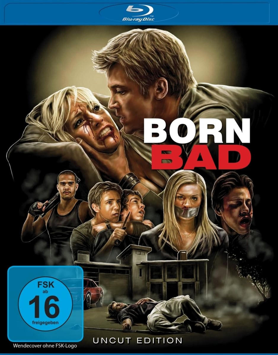 Filmcover mit Schauspielern, Titel 'Born Bad' und FSK 16, dunkler Hintergrund.