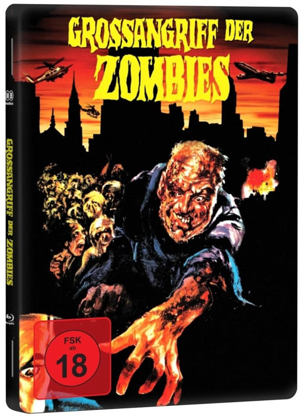 Filmcover eines Zombiefilms. Ein Zombie greift nach dem Betrachter. Titel: Grossangriff der Zombies.