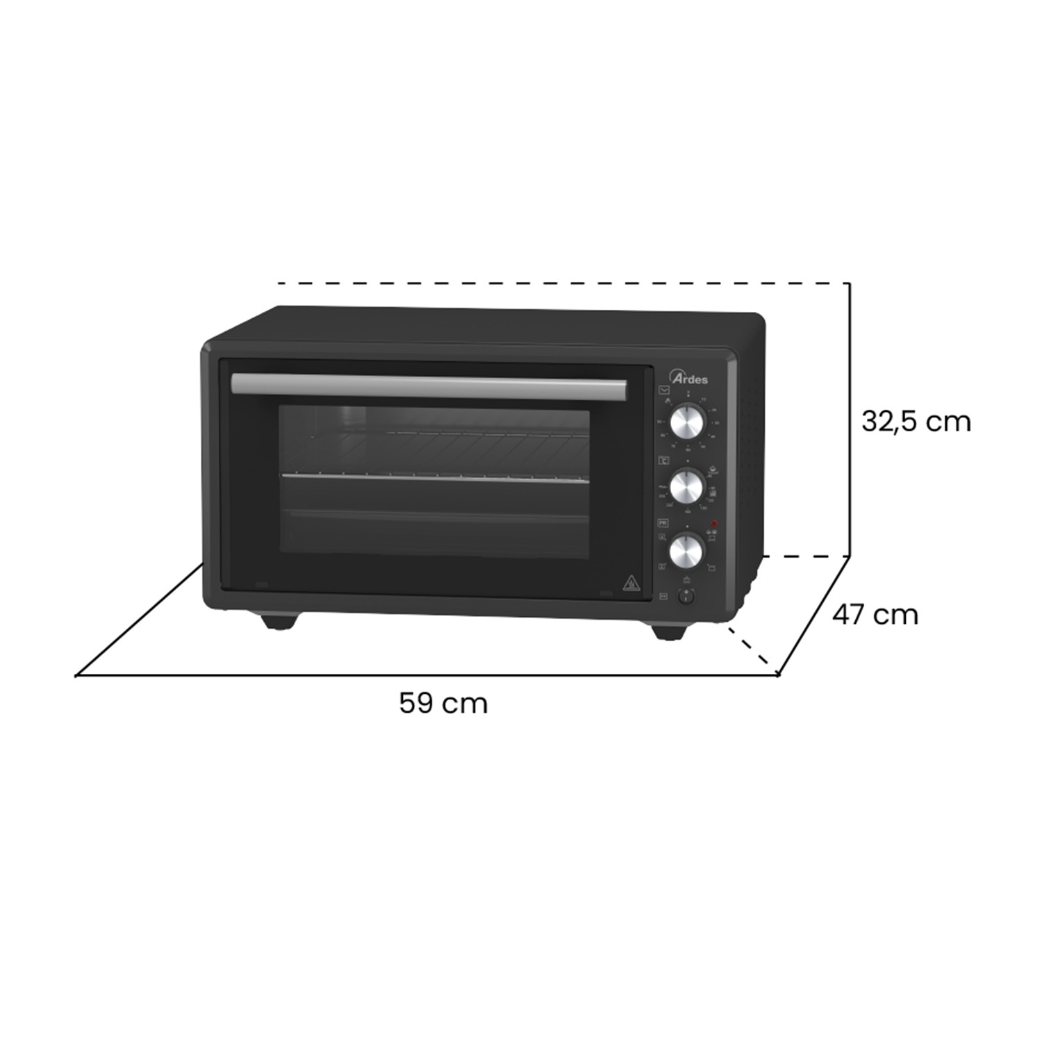 Forno nero con dimensioni etichettate in centimetri.
