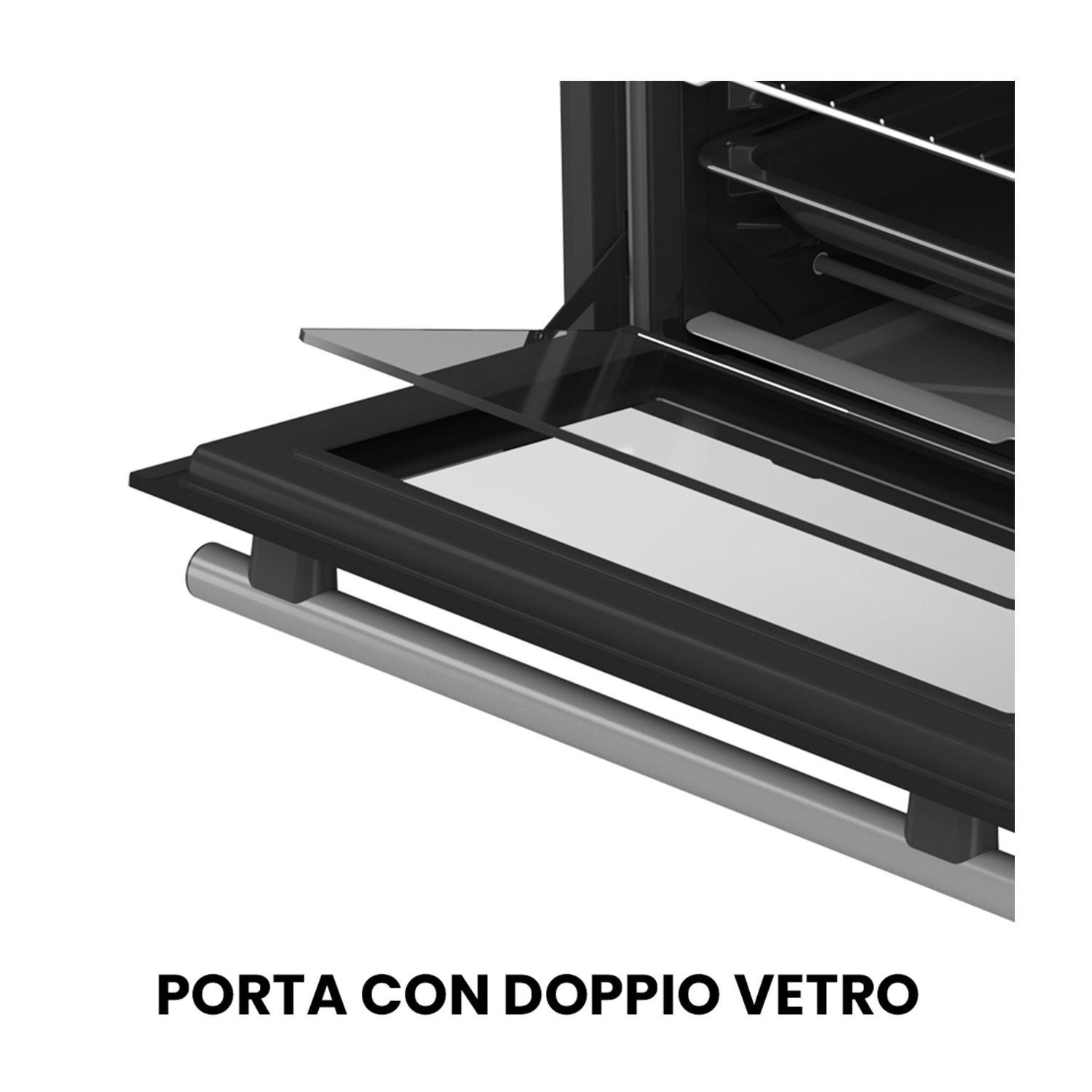 Porta del forno con doppio vetro. Maniglia argentata, interno trasparente.