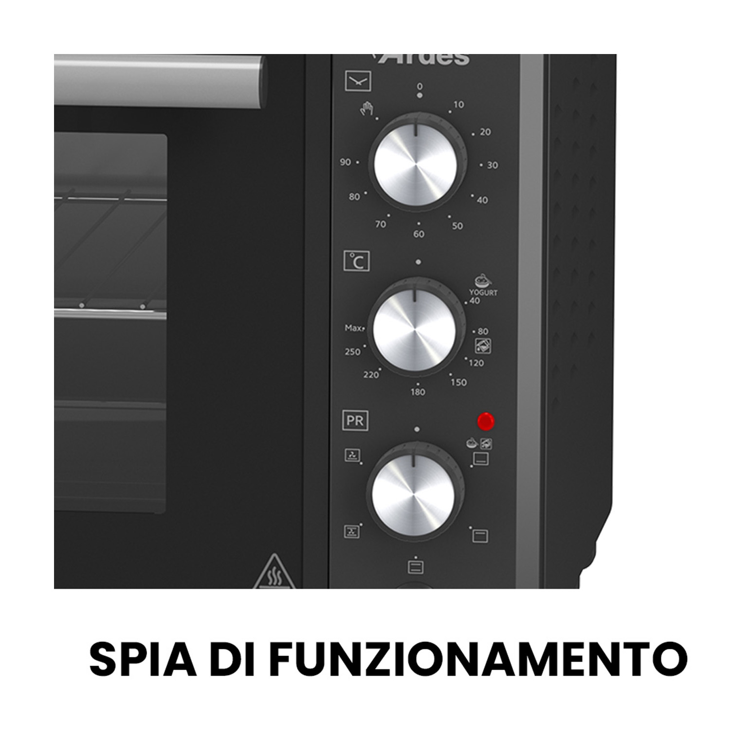 Pannello comandi forno nero con manopole, impostazioni temperatura e spia.