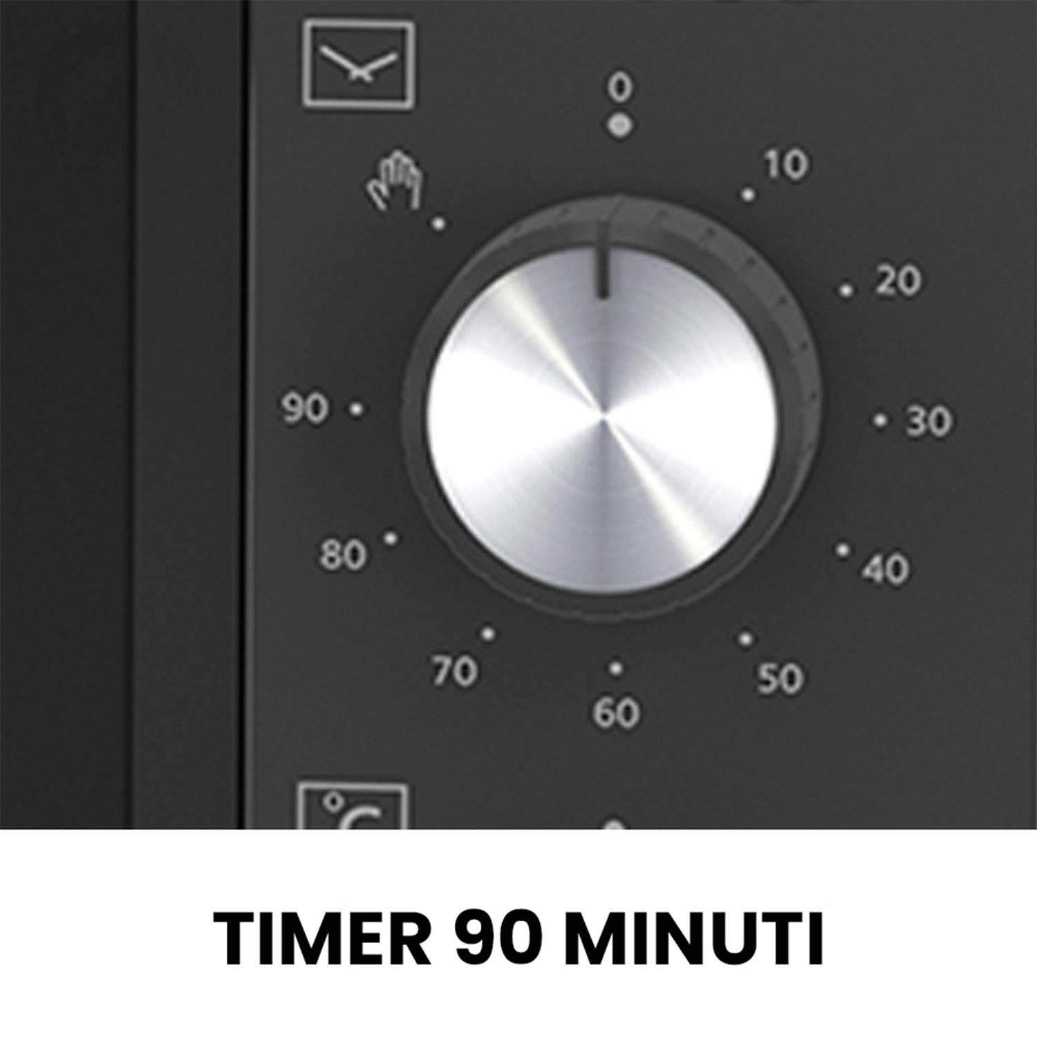 Un timer per microonde nero con un quadrante e numeri.