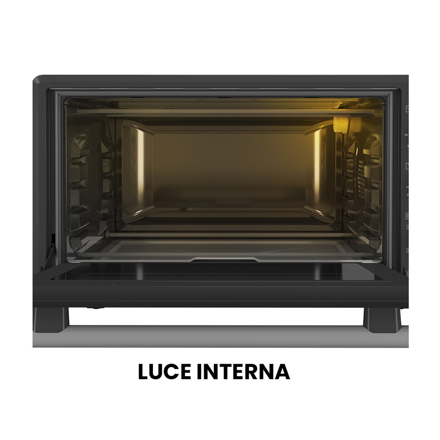 Interno di un forno nero. Lo sportello del forno è aperto e la luce interna è accesa.