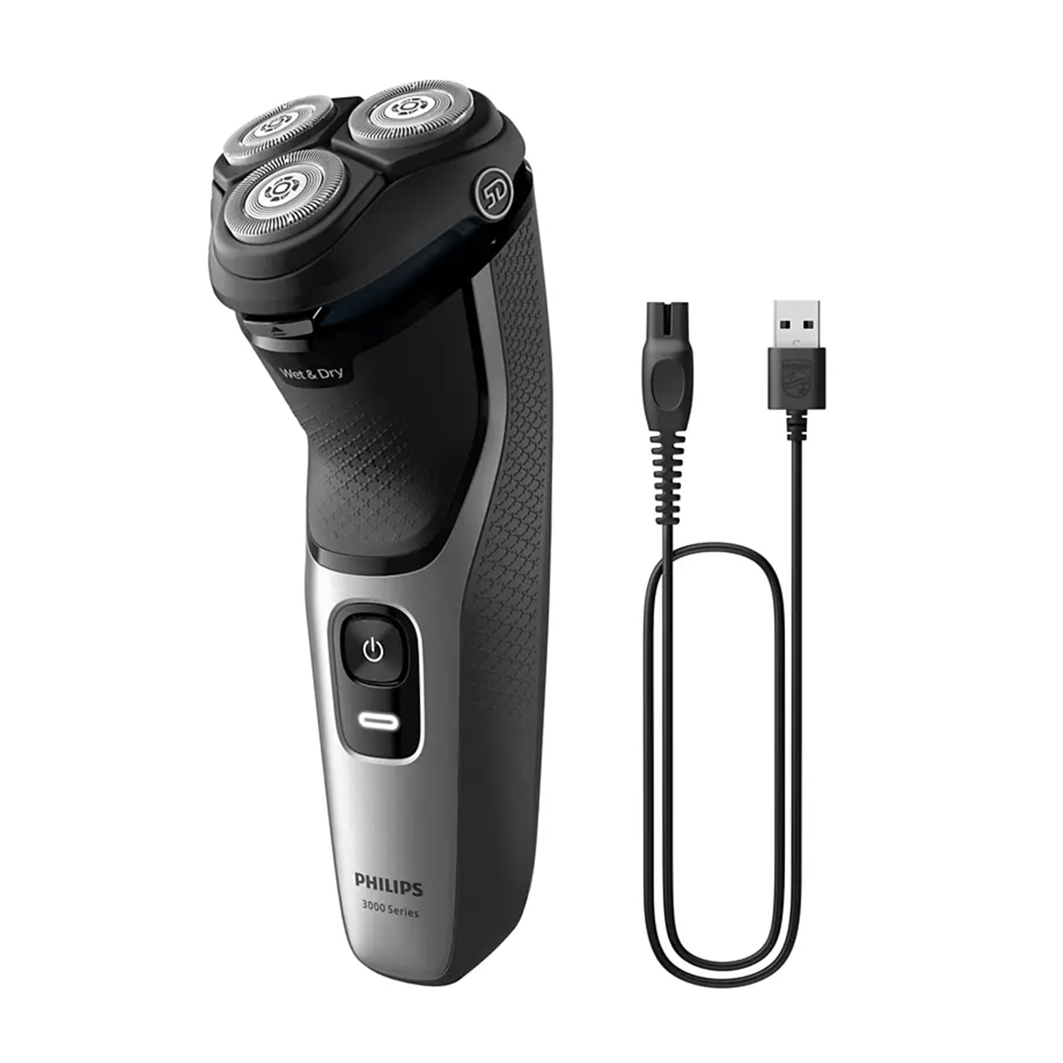 Rasoio elettrico con tre testine rotanti, nero e argento. Include un cavo di ricarica con connettore USB.