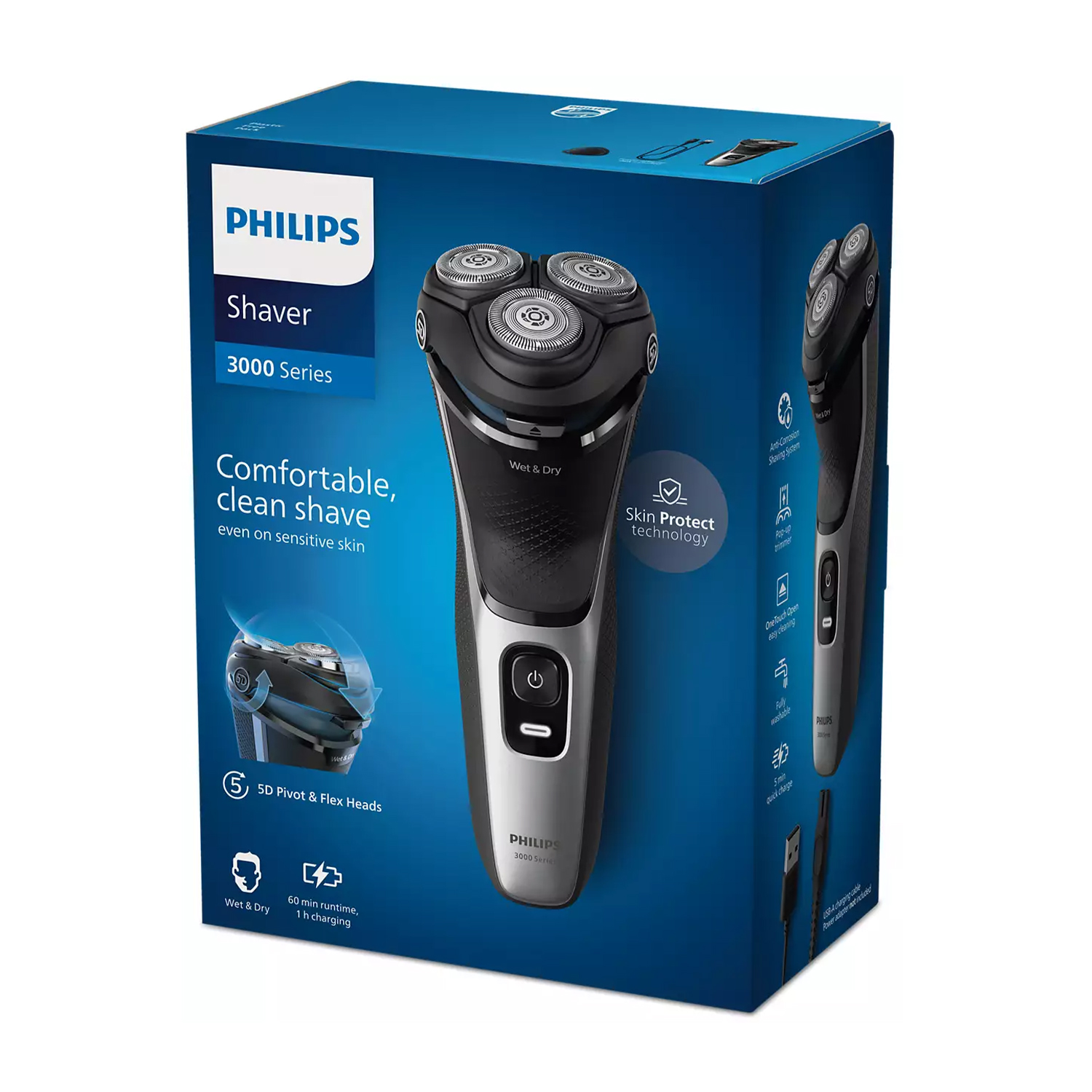 Scatola blu del rasoio elettrico Philips Shaver 3000 Series con caratteristiche del prodotto.