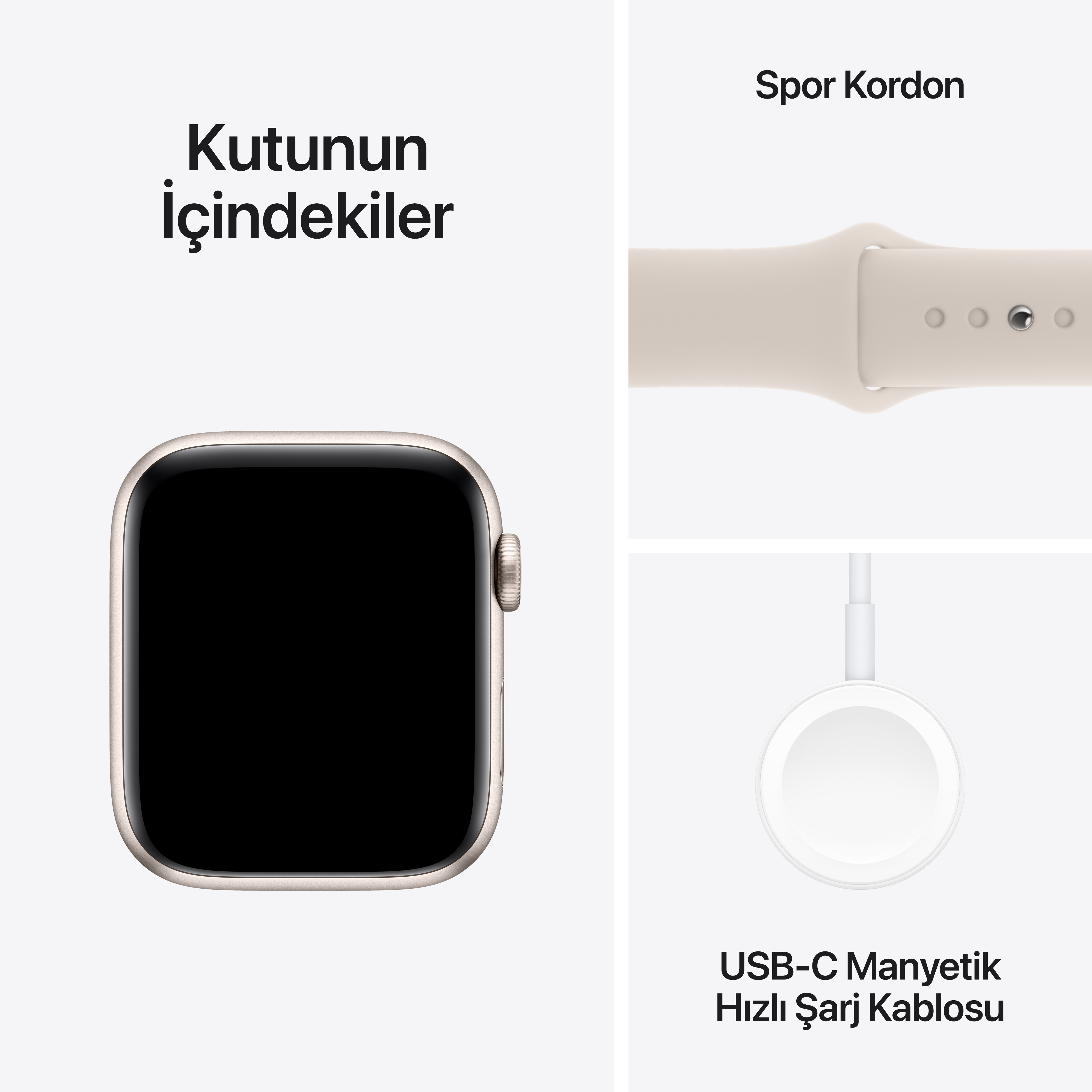 Apple Watch seti. Saat, spor kayışı ve manyetik şarj kablosu içerir.
