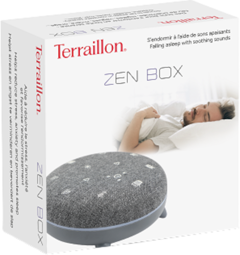 Boîte de Terrallion ZEN BOX, avec un homme dormant, faisant la promotion de sons apaisants pour dormir.
