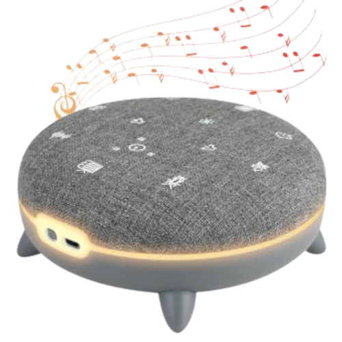 Un haut-parleur rond avec des notes de musique, émettant de la lumière depuis sa base.