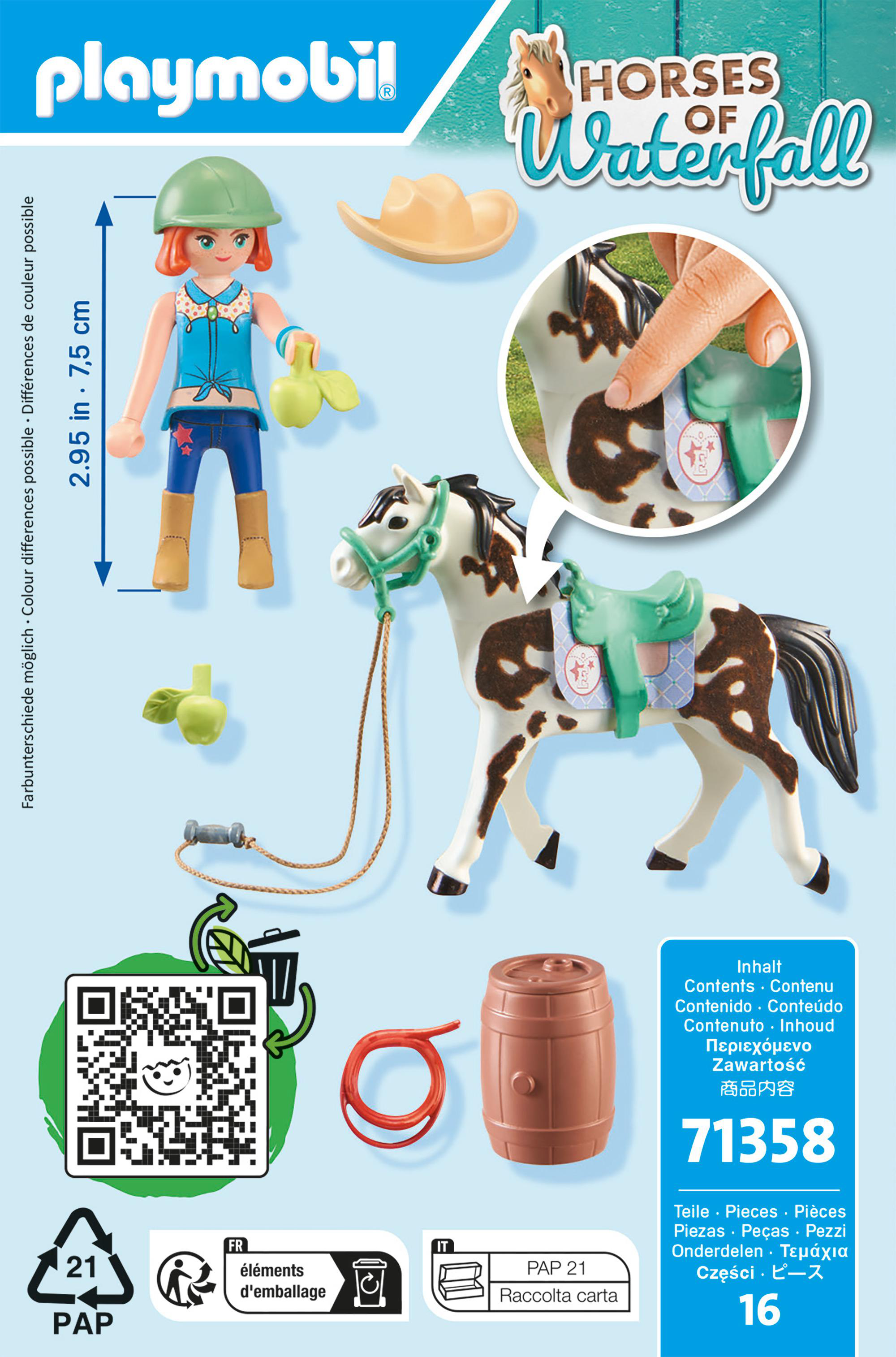Playmobil-Figur mit Pferd, Fass und anderem Zubehör.