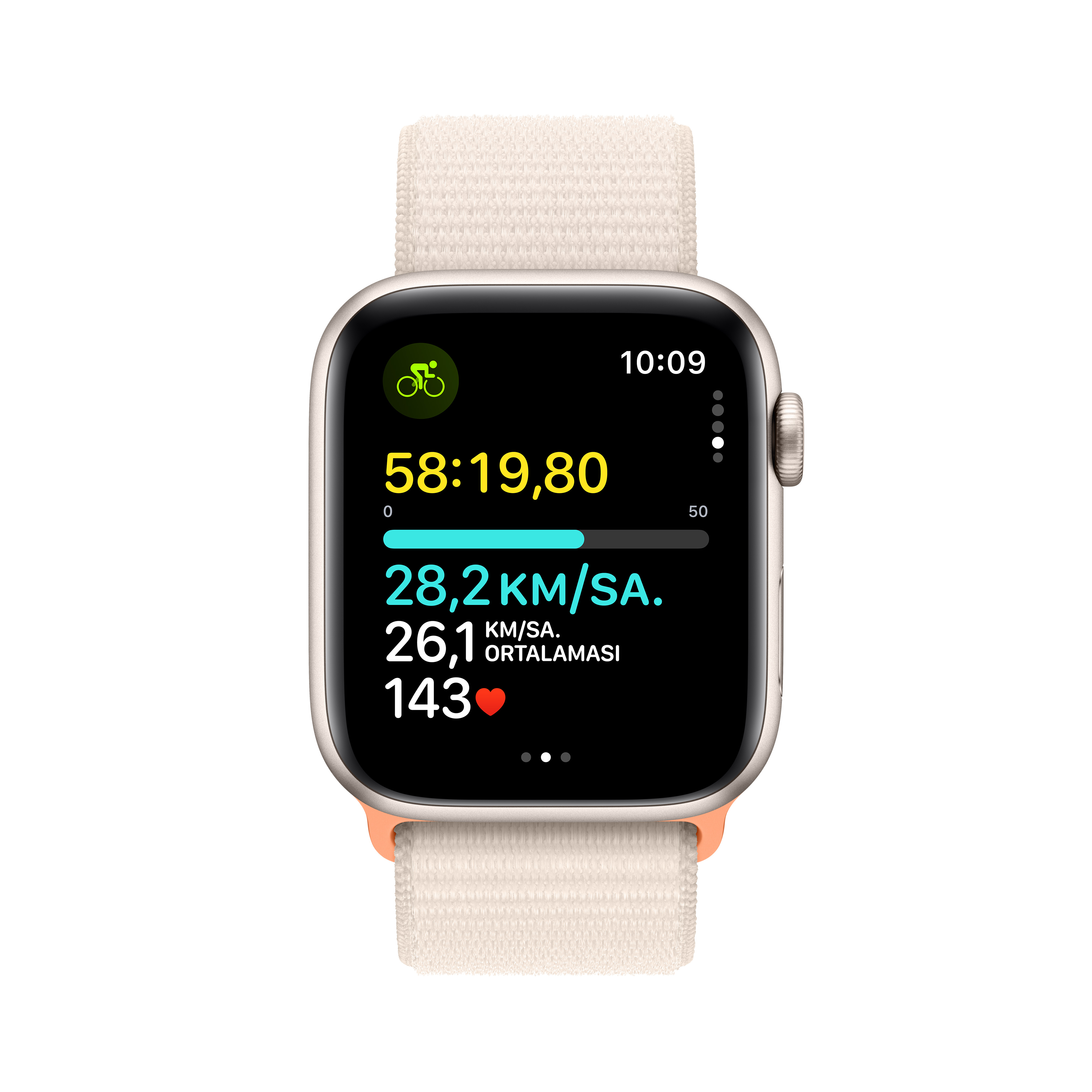 Bisiklet metriklerini gösteren Apple Watch. Hız, süre ve kalp atış hızı ekranda görüntülenir.