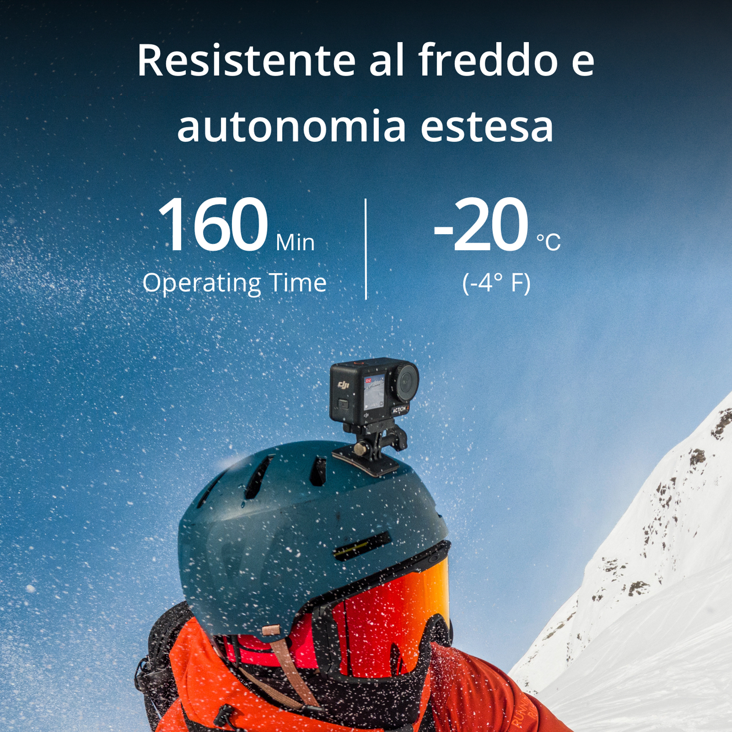 Persona con casco e fotocamera. Testo: 160 Min Tempo di funzionamento, -20°C (-4°F).