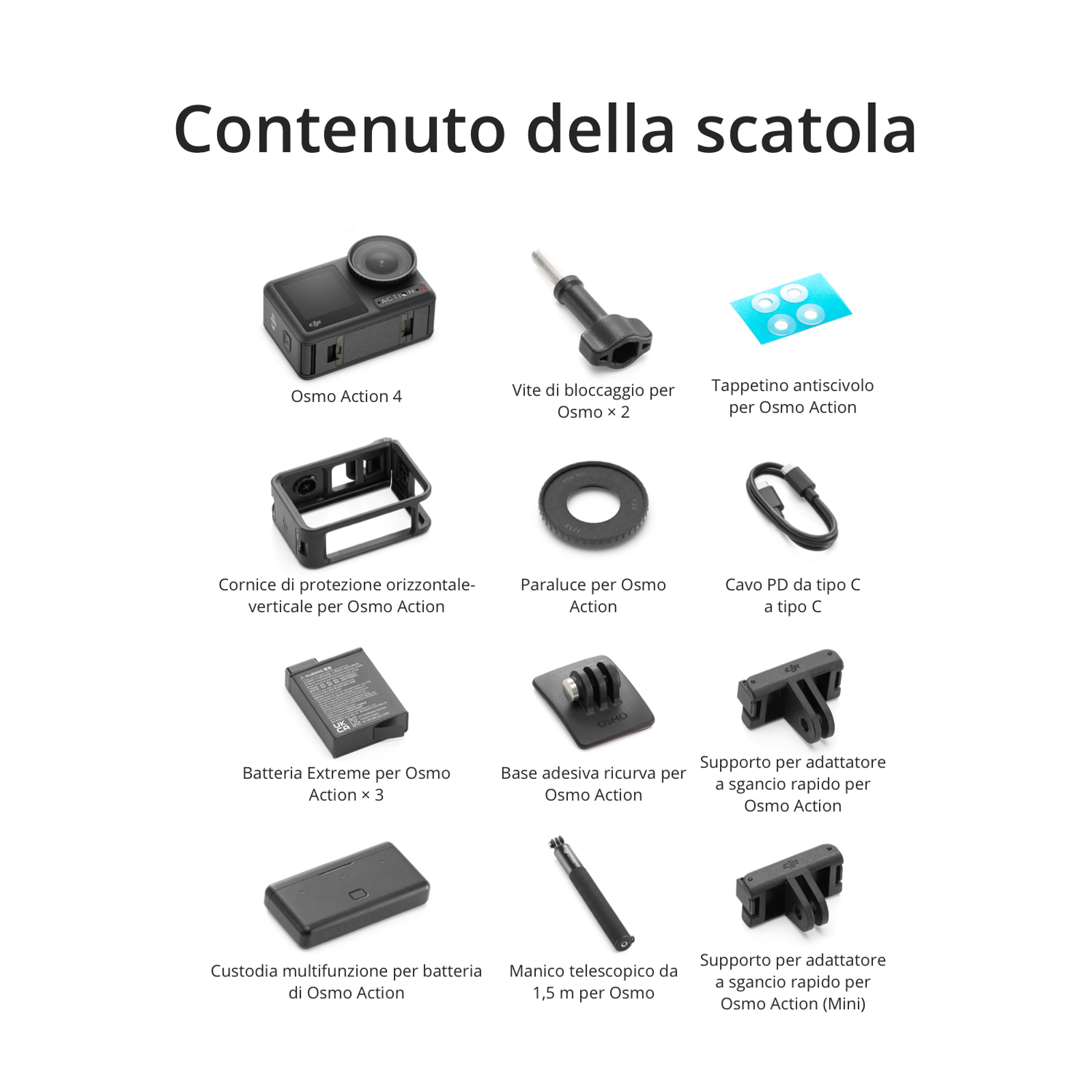 Contenuto della scatola della fotocamera: fotocamera, supporto, viti, adesivi e accessori.