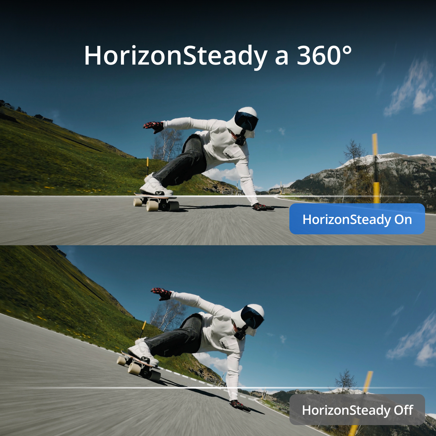 Uno skater su strada con un pulsante HorizonSteady On/Off. L'immagine in alto mostra HorizonSteady attivo.