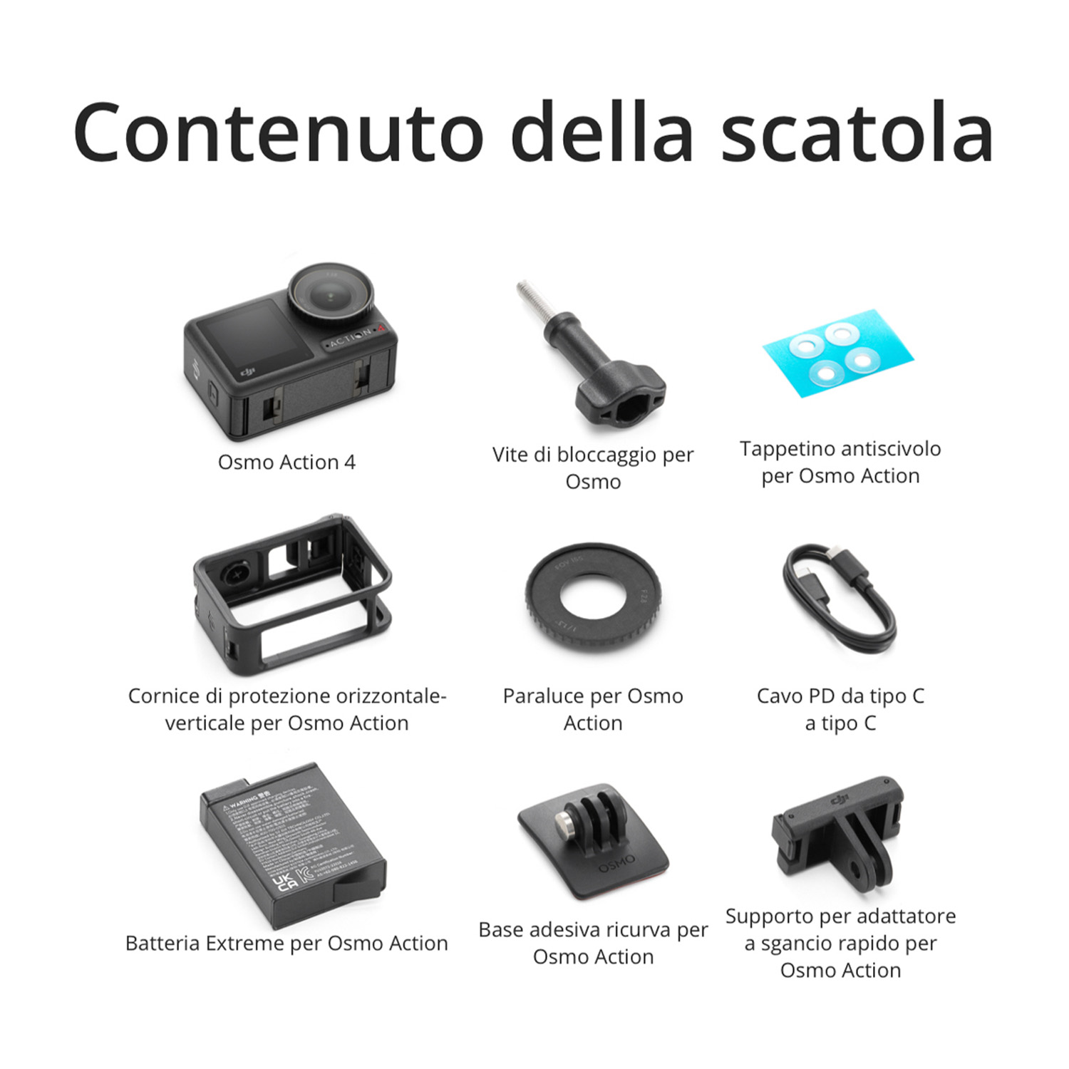 Collezione di accessori Osmo Action 4 e la fotocamera stessa, disposti su una superficie bianca.