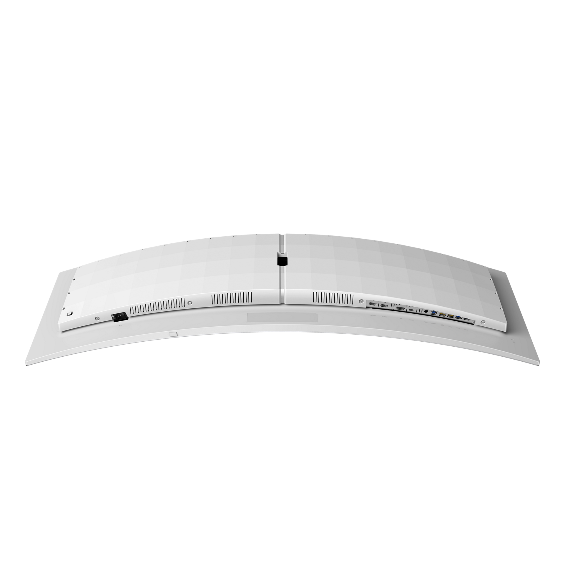Weißer, gewölbter Computermonitor von hinten mit sichtbaren Anschlüssen.